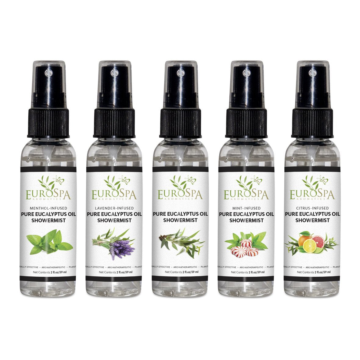 EuroSpa Aromatics Pure Eucalyptus Oil ShowerMist and Steam Room Spray, All-Natural Premium Aromatherapy Essential Oils - Variety 5 Pack - 2 oz Each
