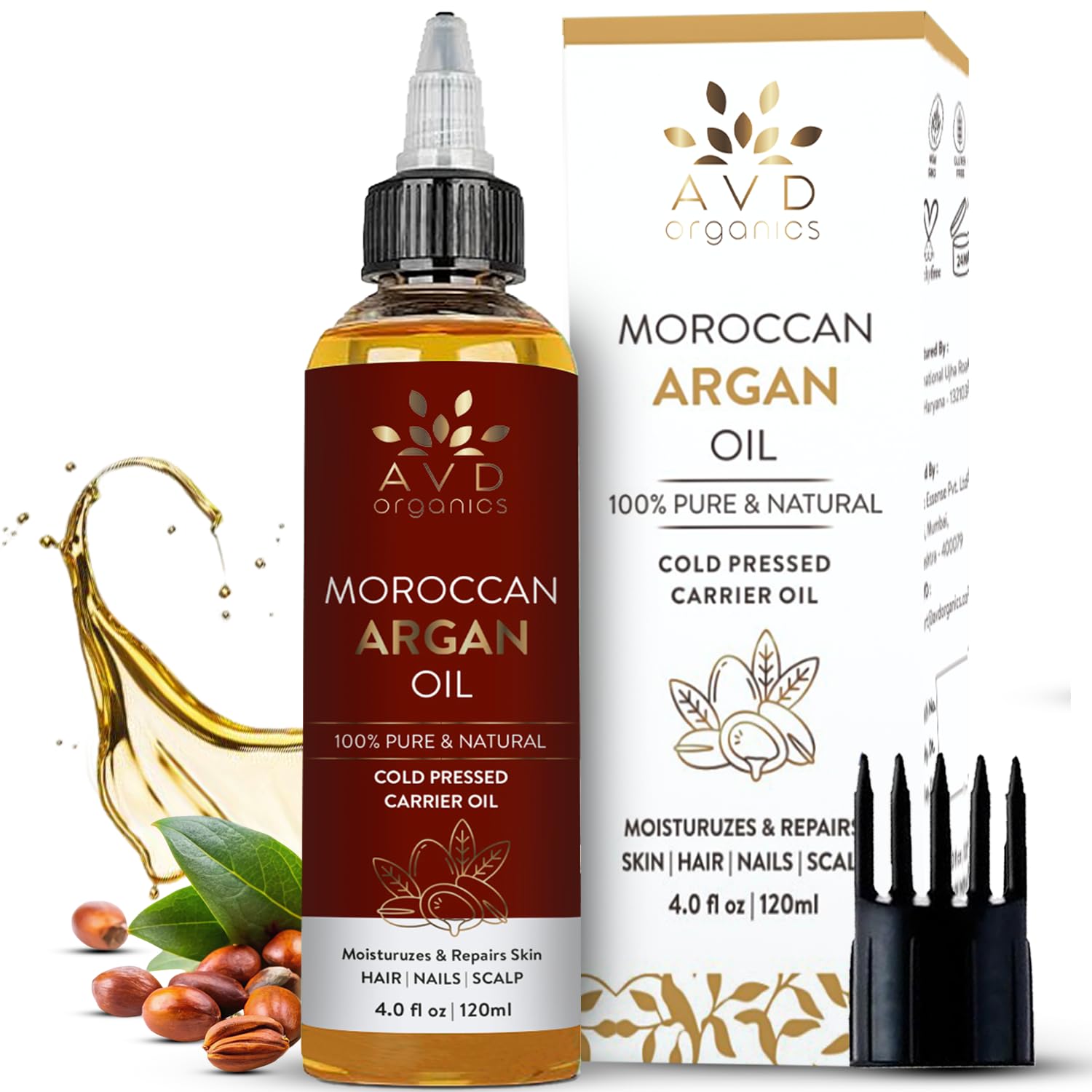 AVD Organics Argan Oil for Hair 120ml – 100% Pure & Natural Moroccan Argan Oil for Adult Hydration, Nourishing, Strengthening, Curly, Frizzy, Dry, Damaged Hair,Face, Skin, Scalp & Nails – (4.05 fl oz)