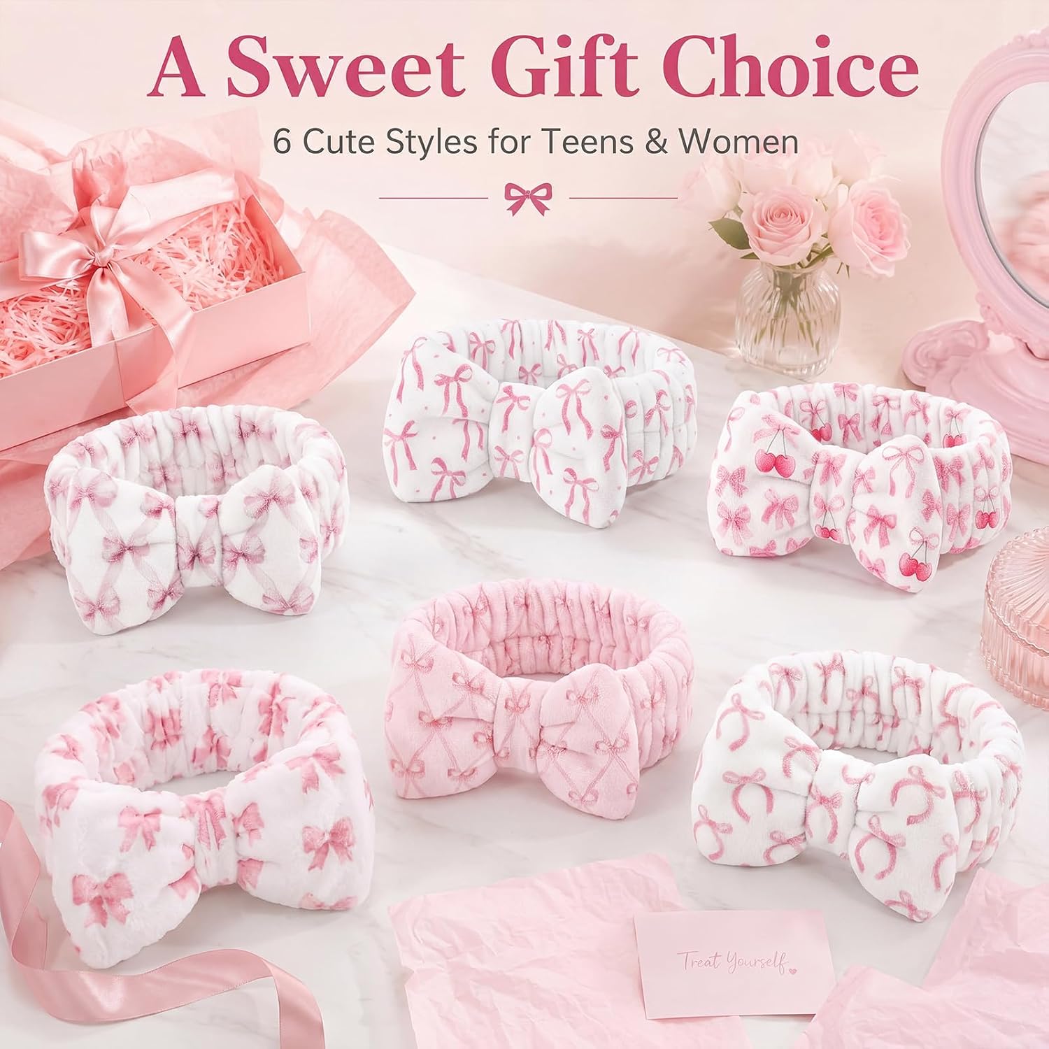 Cuffbow 6 Pcs Pink Bow Spa Headbands for Women Cute Coral Fleece Makeup Headband Set Soft Facial Hair Bands for Washing Face Skincare Shower Spa Party Favors Teen Girls Gifts Daily Use Adults