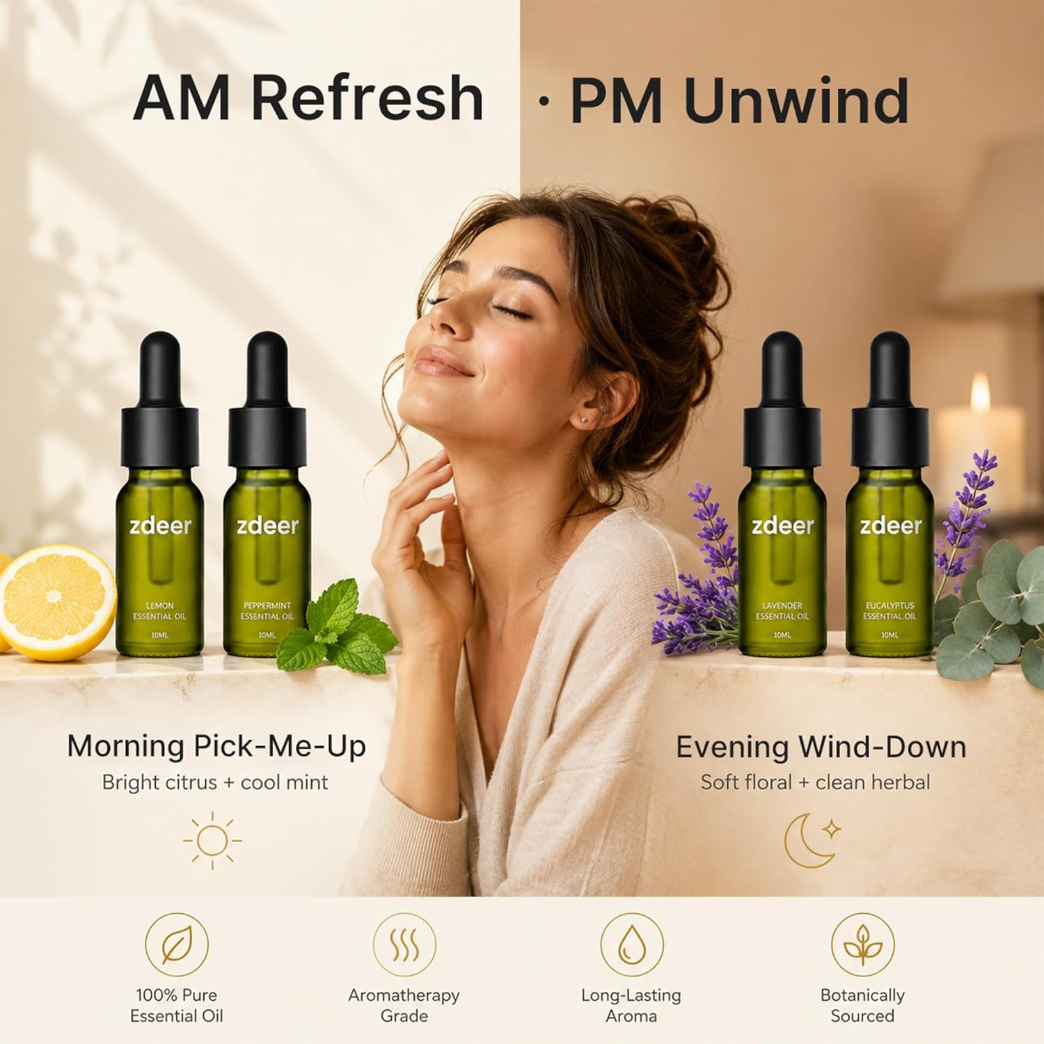 ZDEER 4-Pack Essential Oil Set – Lavender, Grapefruit, Peppermint & Eucalyptus, 4 × 10ml Nourishing Massage Oils for Face & Body, Designed for ZDEER Facial Care Device