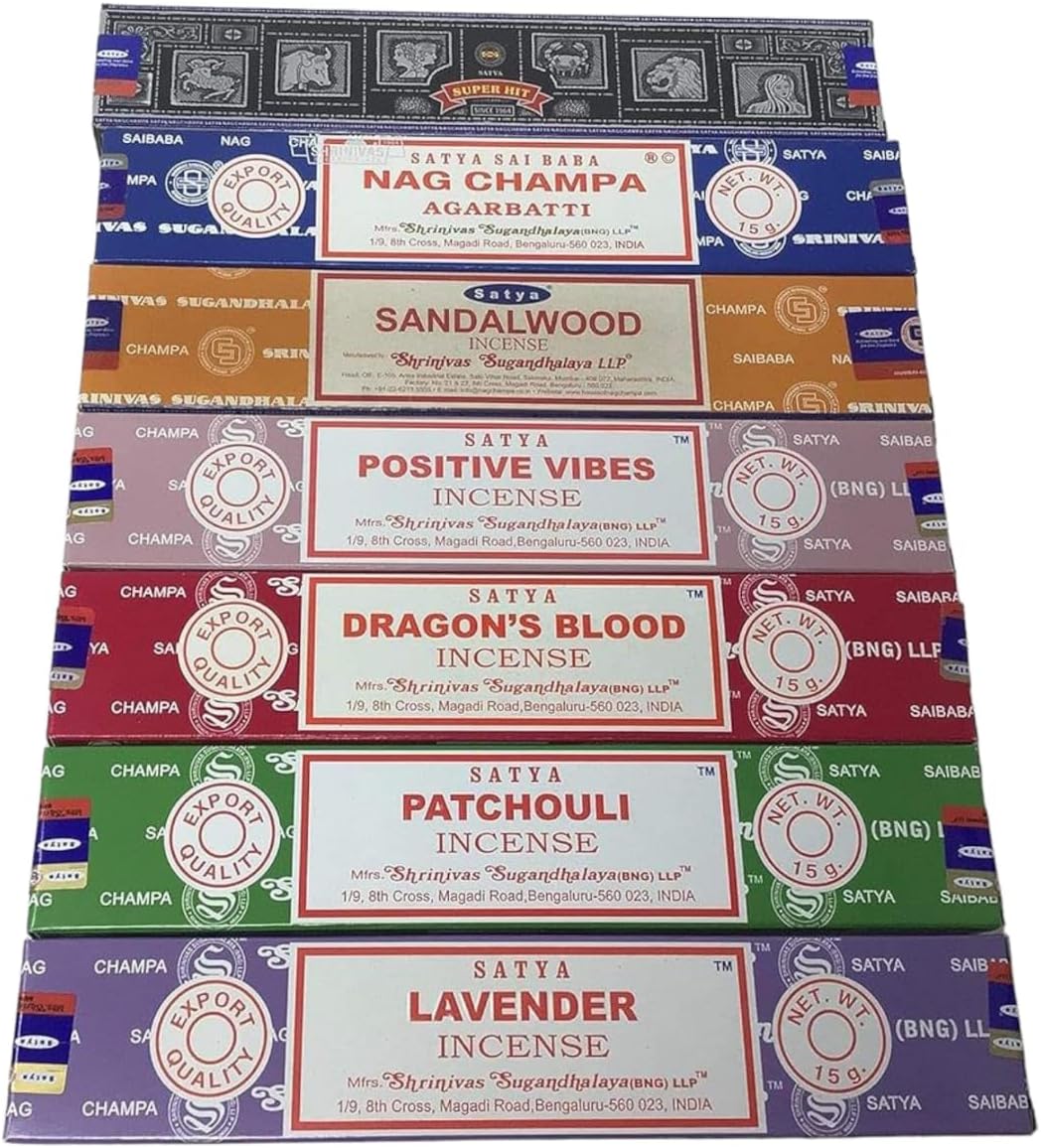 Satya Incense Gift Set Nag Champa, Super hit, Dragon's Blood, Sandalwood, Patchouli, Lavender, Positive Vibes 15gms x 7 Packs | for Meditation, Yoga, Healing, Aromatherapy, Relxation, Spirituality |