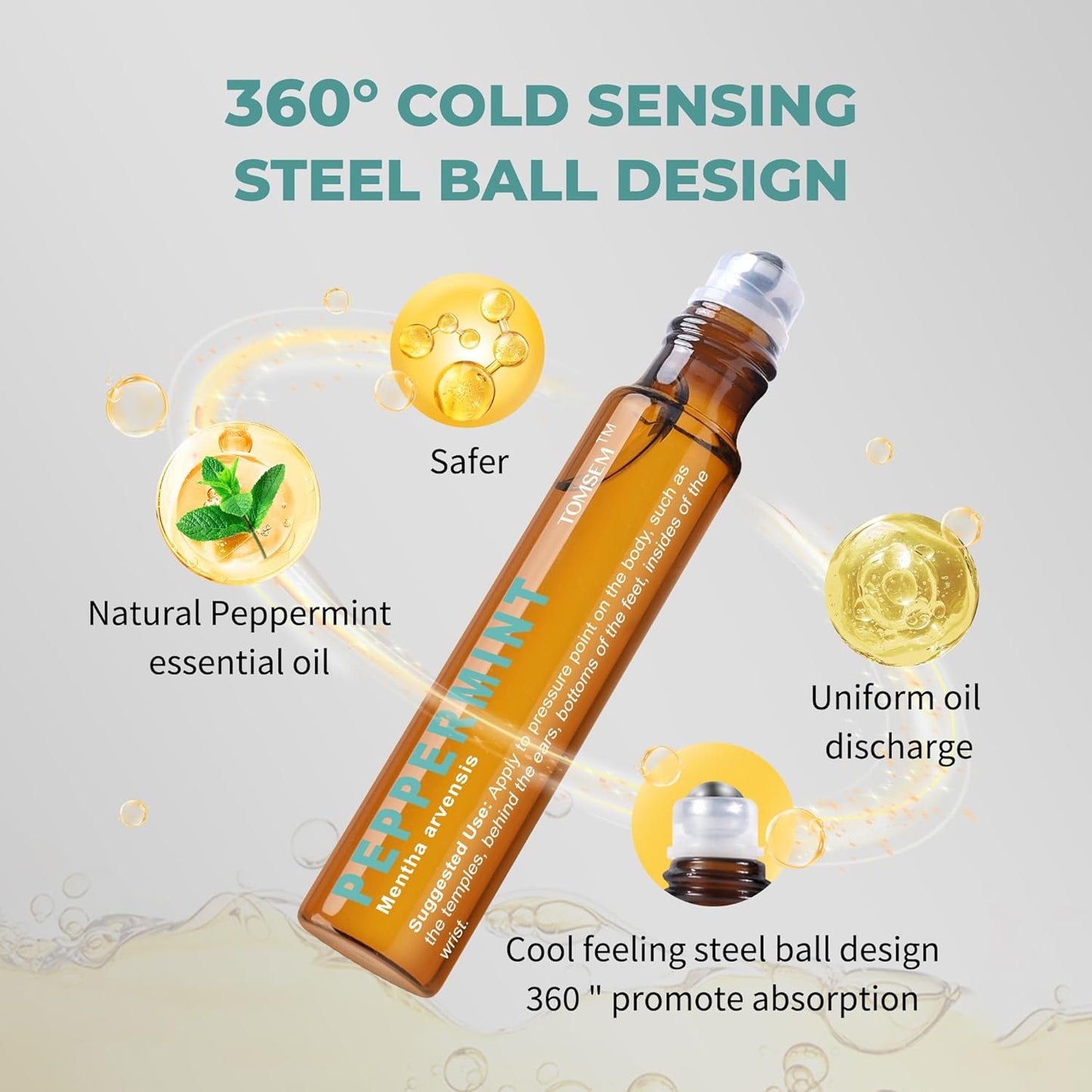 Peppermint Essential Oil, Pre-Diluted Mint Aromatherapy Rollerball, Cooling & Refreshing Scent for Travel, Focus, Relaxation, Easy-Apply Essential Oil Roller