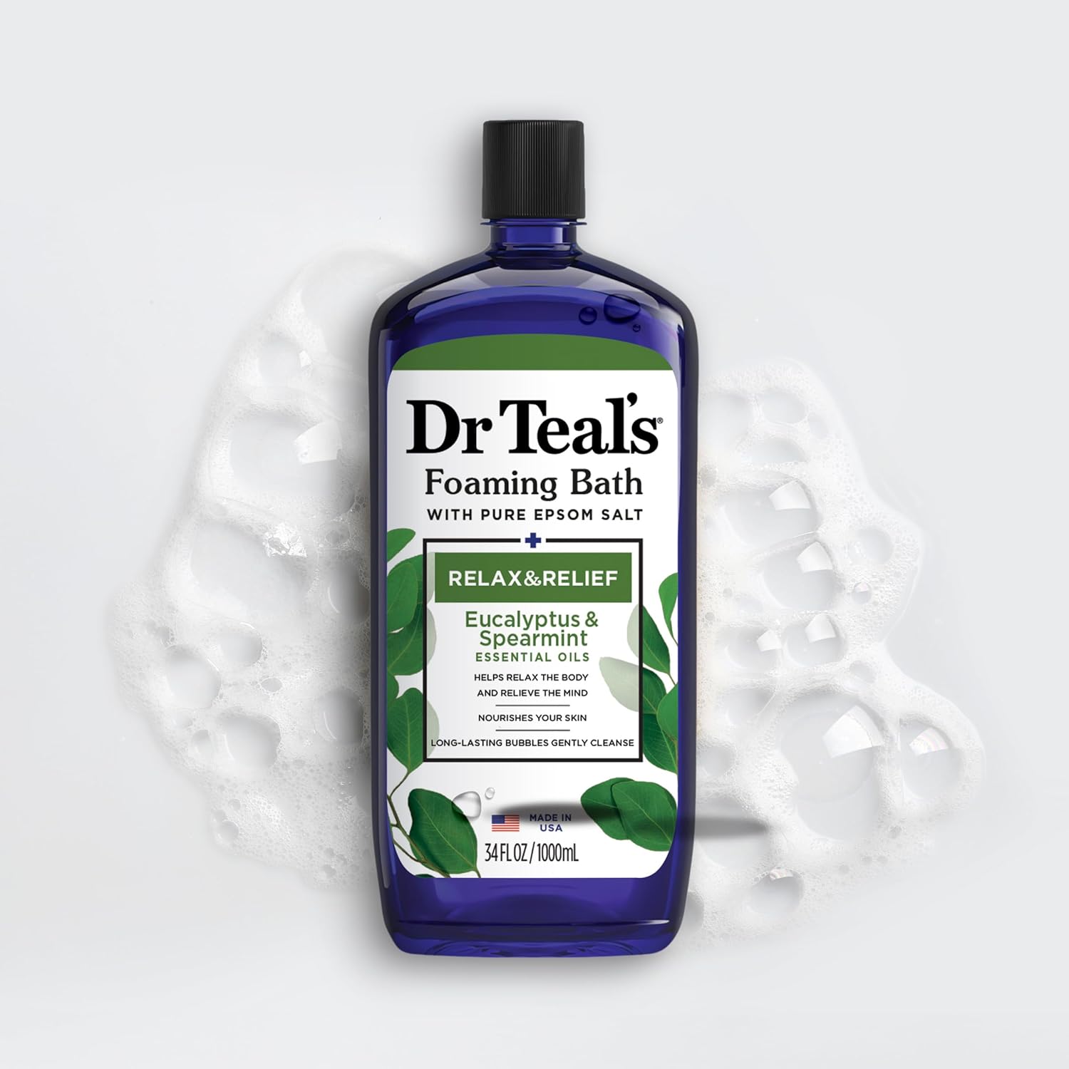 Dr Teal's Foaming Bath with Pure Epsom Salt, Relax & Relief with Eucalyptus & Spearmint, 34 fl oz (Pack of 2)