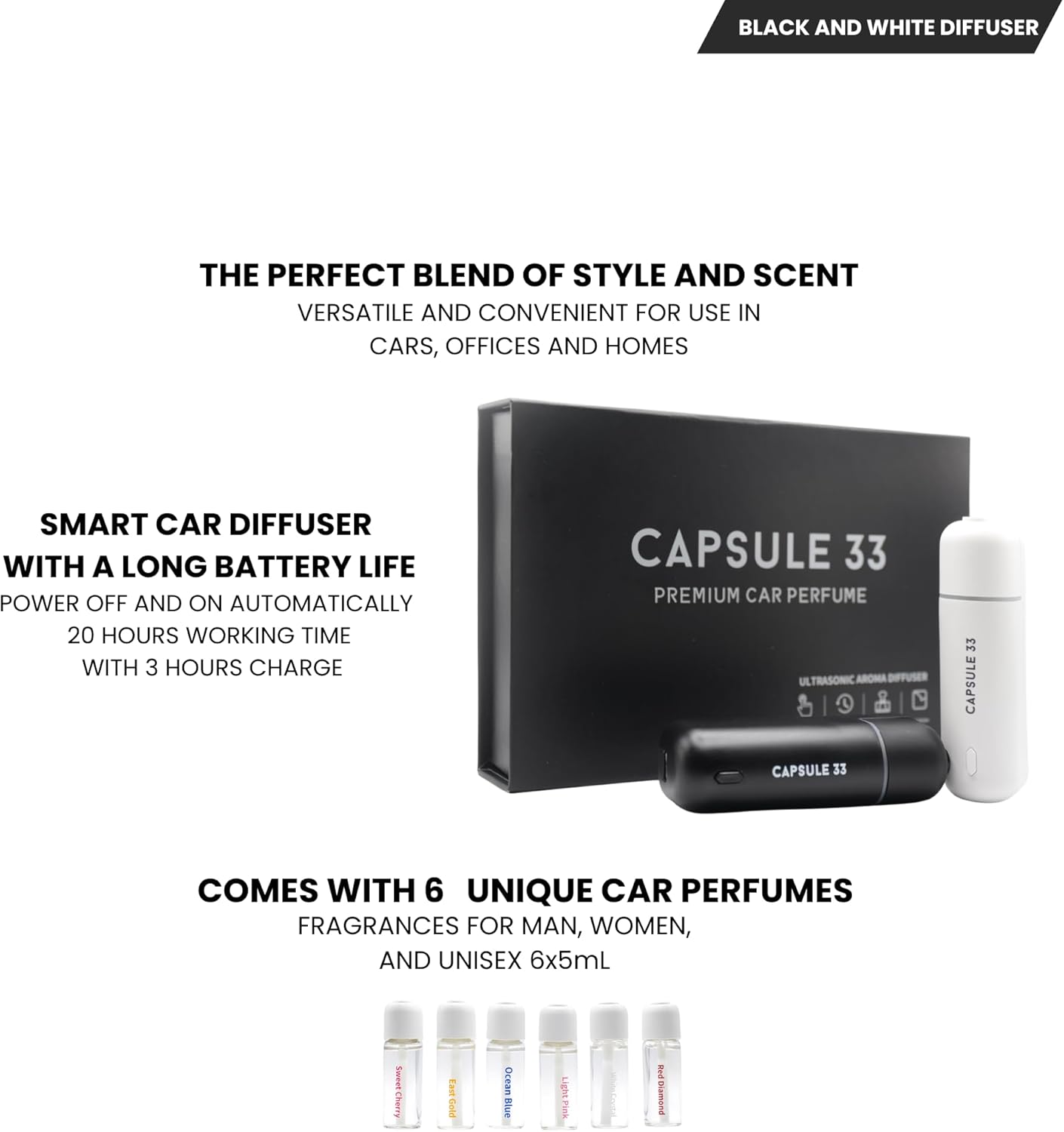 Car Perfume Diffuser, (UPGADED) Air freshener, Waterless Diffuser, Smart Ultrasonic Air Freshener with 6 Premium Fragrances, Automatic (On/Off), Car Gift for Men and Women (Black)