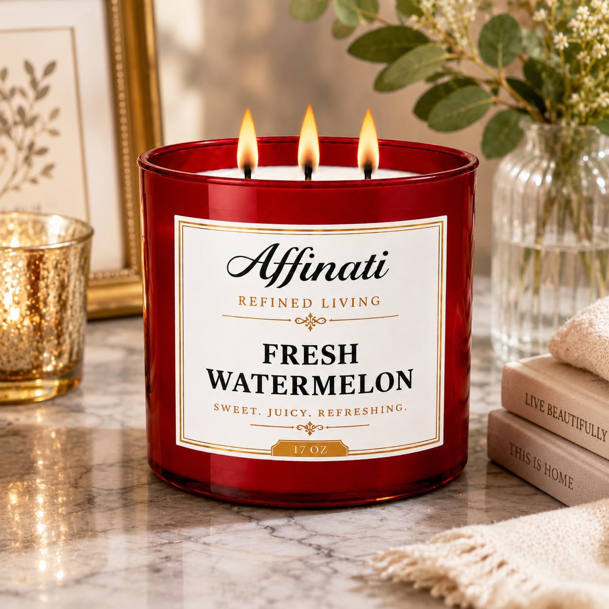Affinati Fresh Watermelon 3-Wick Scented Candle – Large Soy Blend Candle, Strong Scent Throw Sweet Vibrant Summer Fruit Candy Candle, Premium Room Odor Eliminator