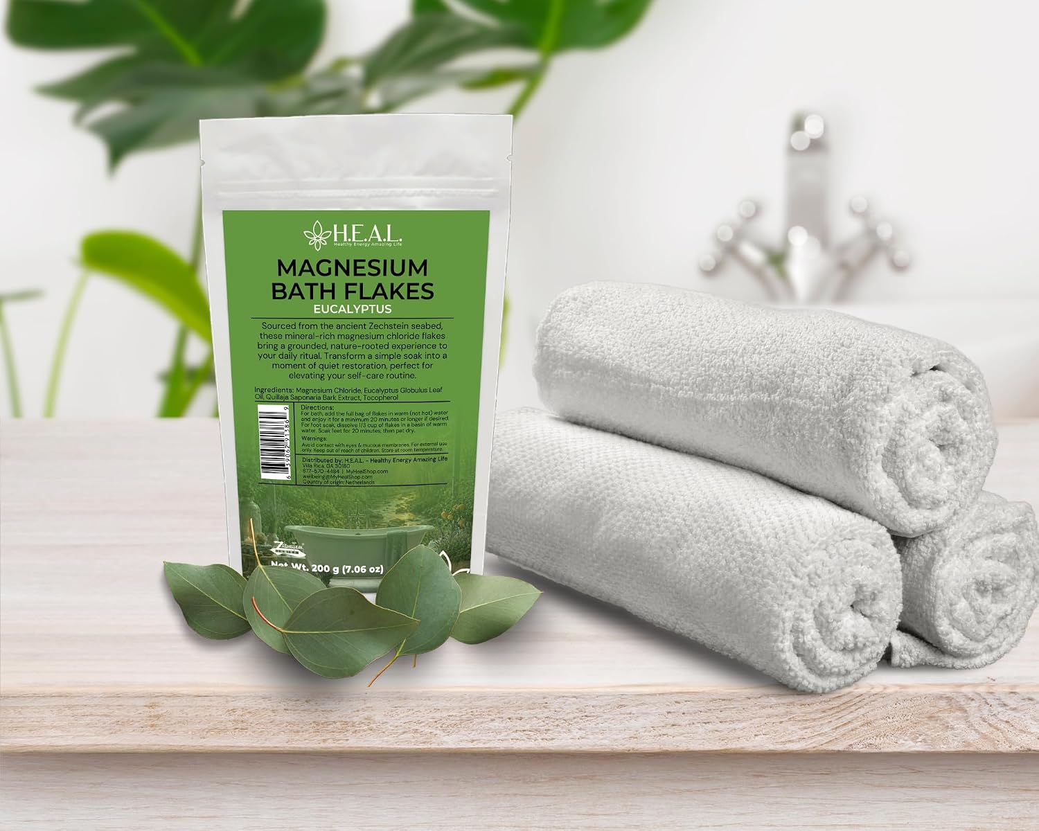 H.E.A.L. Magnesium Bath Flakes with Eucalyptus Essential Oil- 7oz for Respiratory Wellness & Relaxation