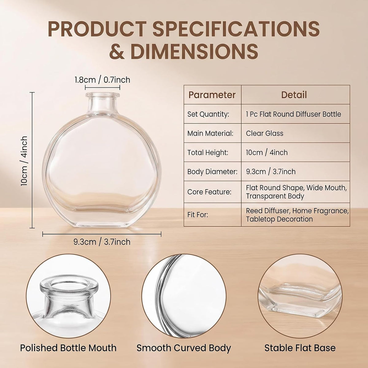 1 Pack 150ml/5oz Flat Round Clear Glass Reed Diffuser Bottles, Refillable Aromatherapy Essential Oil Bottles for Bathroom, Home &amp; Office Decor