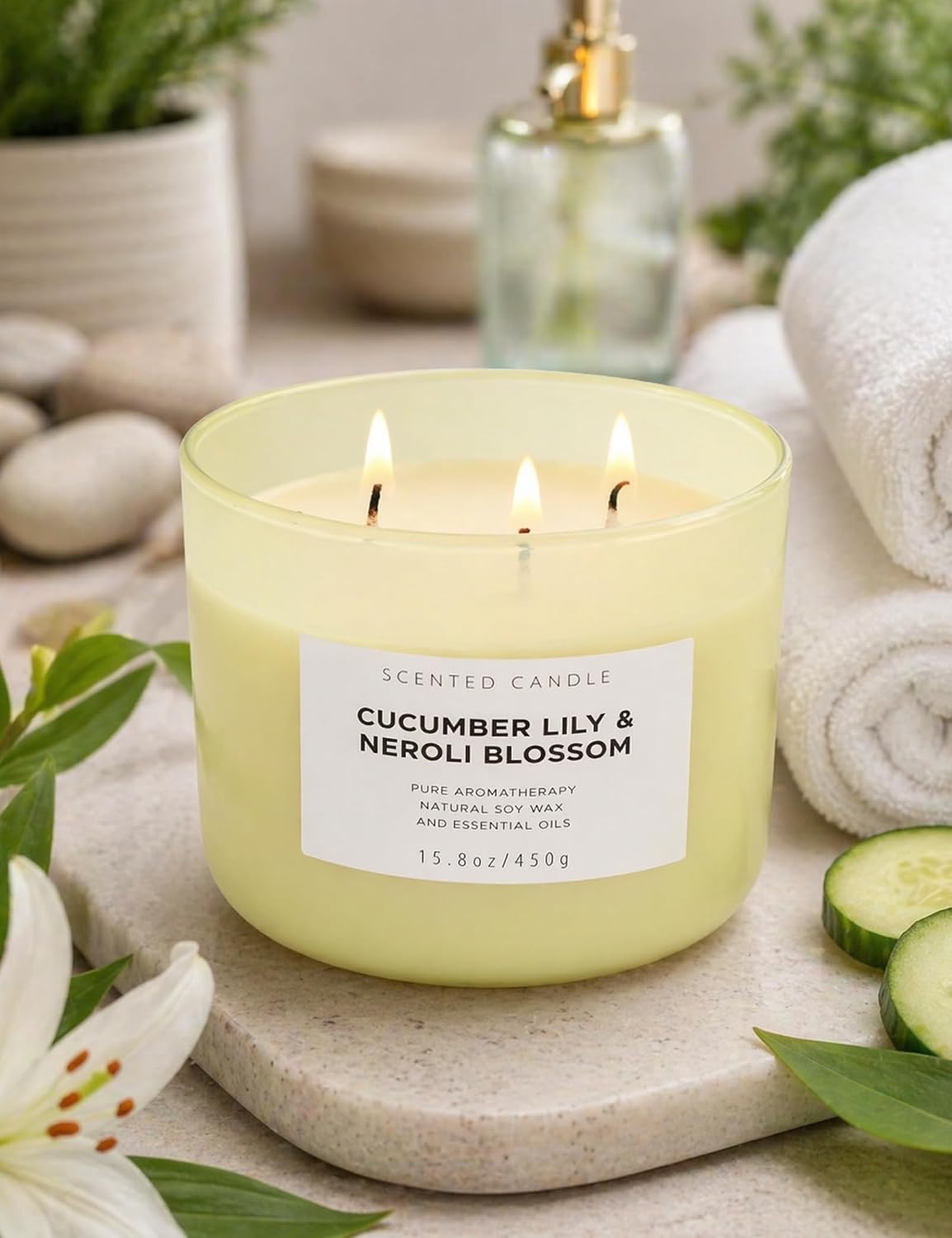 Cucumber Lily Neroli Blossom Candle | 3-Wick Large Soy Candle 15.8 oz | Fresh Cucumber Aromatherapy Candle for Women | Calming Floral Citrus Spa Scent | Long Lasting Clean Burn