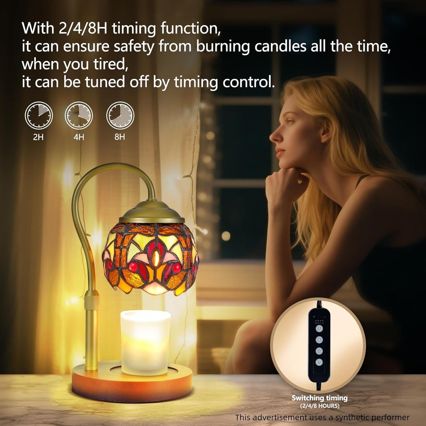 Baroque Tiffany Style Candle Warmer Lamp with 2 Bulbs - Handcrafted Stained Glass, Height-Adjustable, Timer & 4 Dimmer Levels, No Assembly Required, Fits Jars up to 5"