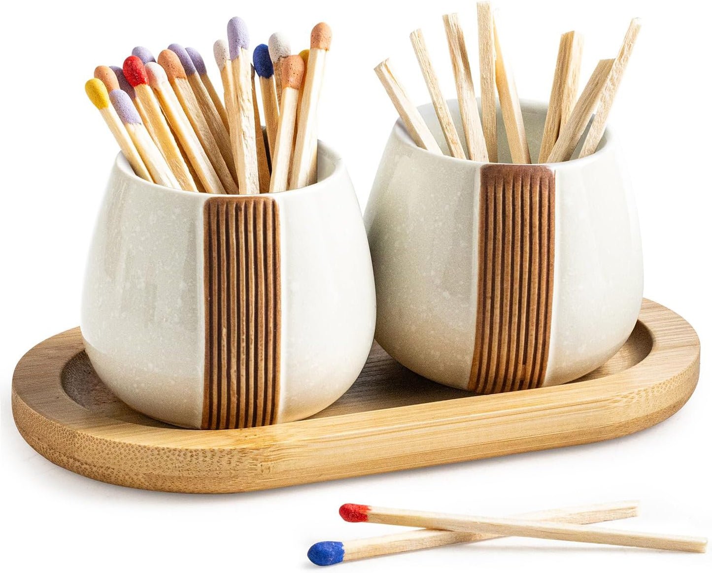 Zoeeker Ceramic Match Striker Holders Set of 2 - Matchstick Container With Wooden Tray for Christmas Kitchen, Fireplaces & Minimalist Spaces - Matches NOT Included, White