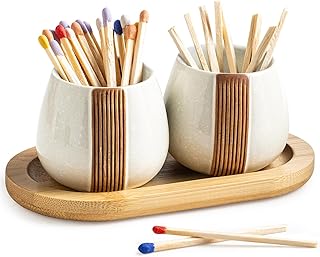 Zoeeker Ceramic Match Striker Holders Set of 2 - Matchstick Container With Wooden Tray for Christmas Kitchen, Fireplaces & Minimalist Spaces - Matches NOT Included, White