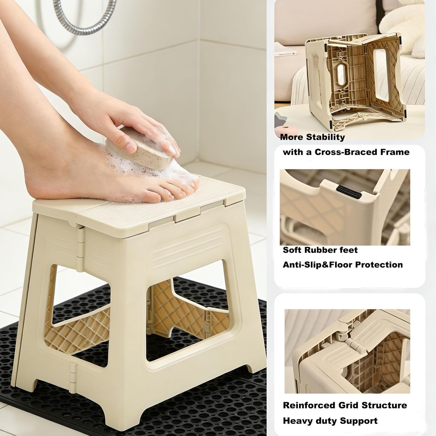 Foldable Shower Stool for Shaving Legs, Plastic Shower Foot Rest for Inside Shower,11.9" High Anti-Slip Foot Step to Shave Leg Small Folding Bench Shaving Stool for Travel/Bathroom