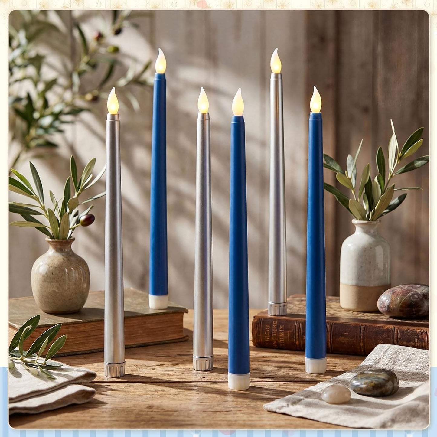 Baquler 6 Pcs 11'' Blue Silver Flameless Taper Candles Battery Operated Candle LED Plastic Flickering Candlesticks for Birthday Wedding Baby Shower Graduation Prom Dinner Home Party Decor