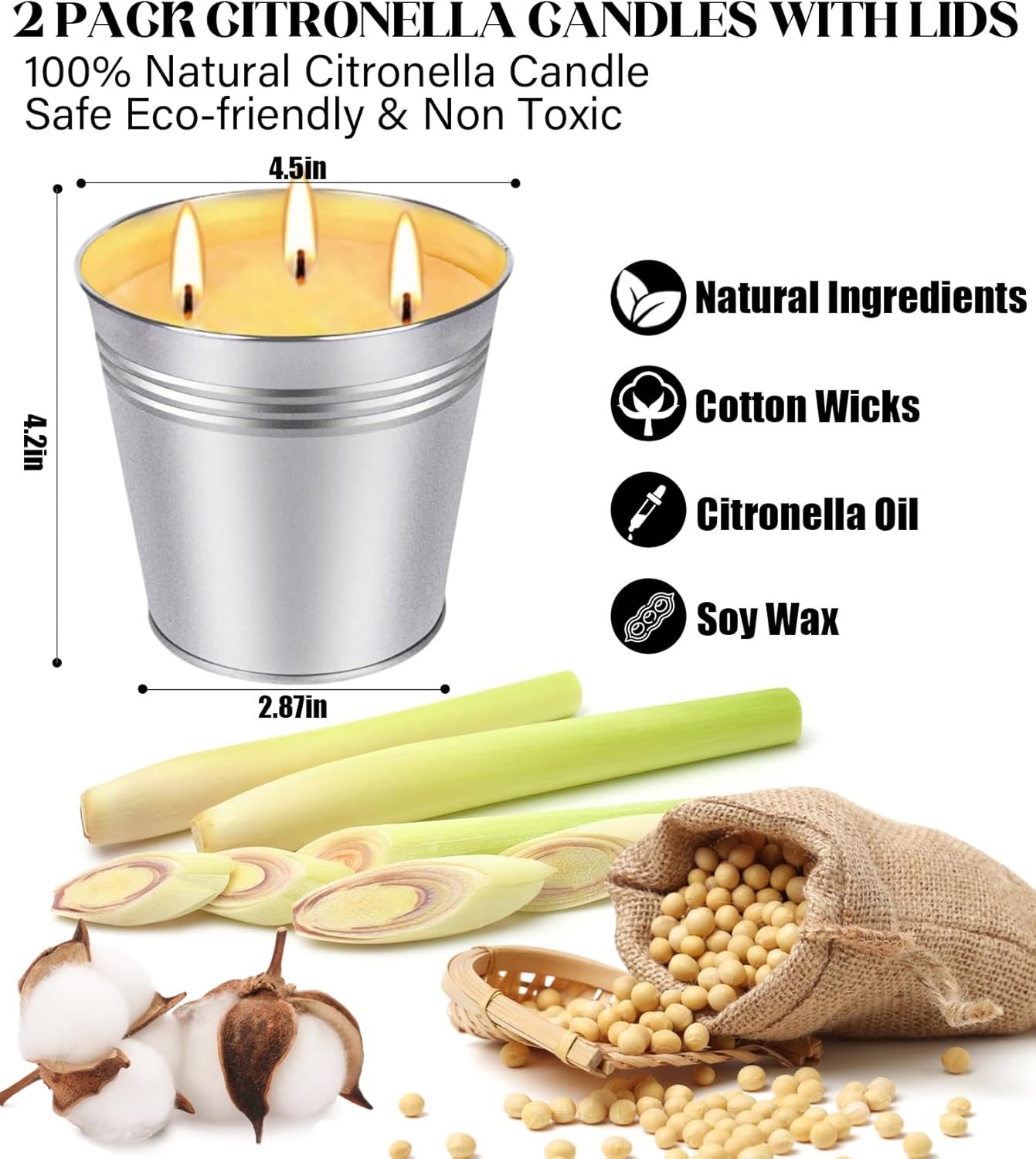 Citronella Candles Outdoor, 2 Pack 32oz Large Citronella Candle 3-Wick Natural Soy Wax Summer Candle Set 210 Hours Long Lasting Burning Huge Scented Outdoor Indoor Candles Garden Yard Camping