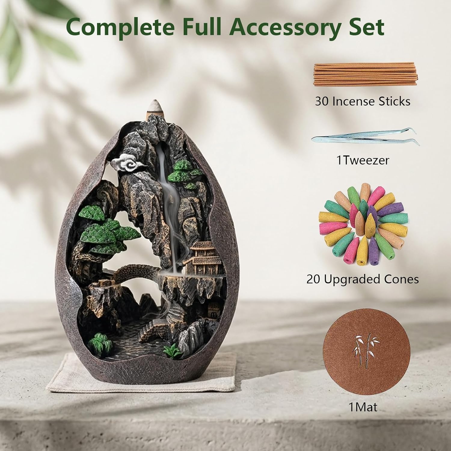 Landscape Backflow Incense Burner Cone Incense Burner Smoke Waterfall Resin Handmade Home Decor Gift Set with 120 Upgraded Cones,30 Incense Sticks,1Tweezer,1Mat