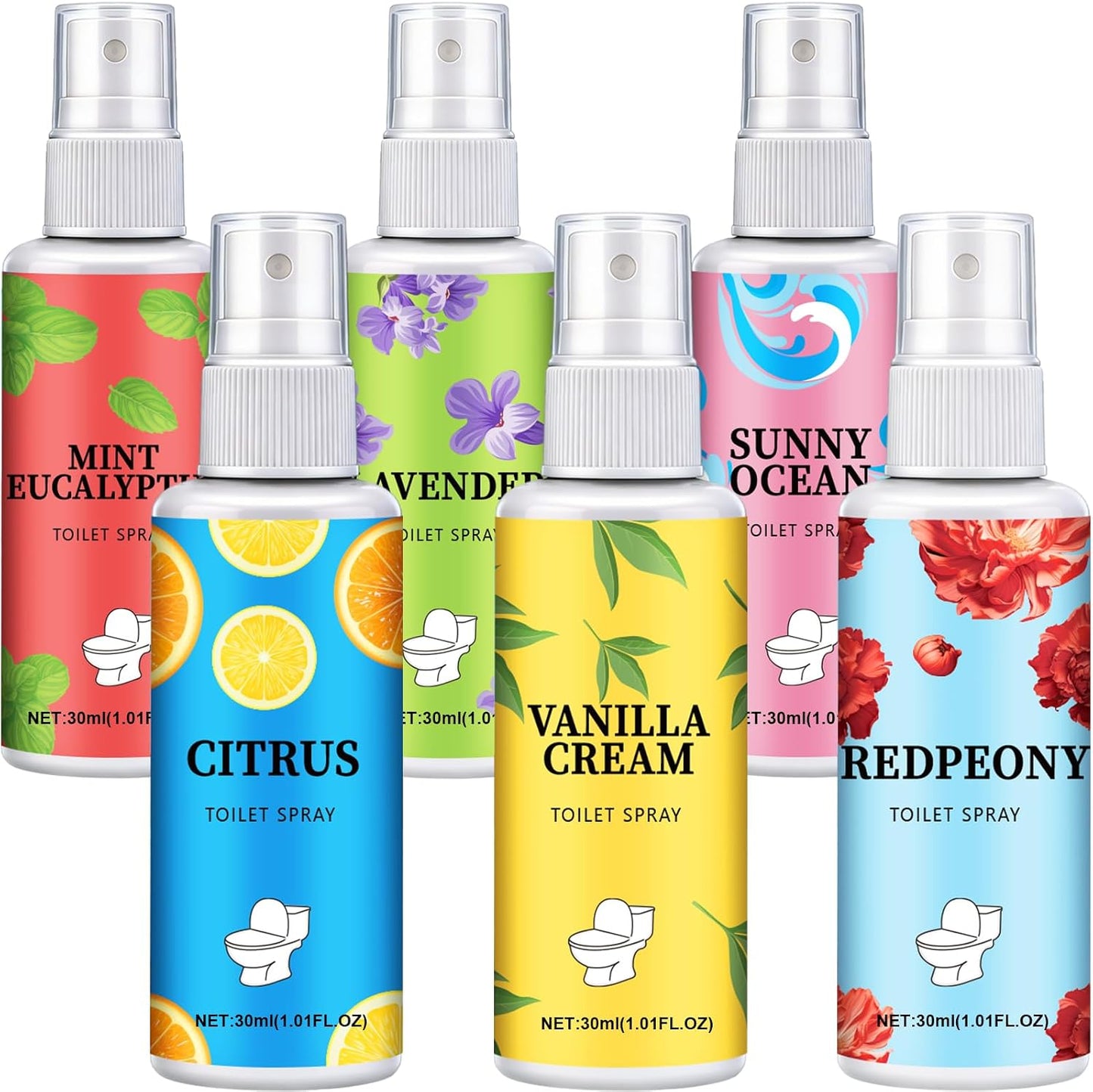 6 Pack Toilet Spray, 6-Scent Bathroom Spray, Freshener Deodorizer for Home, Bathroom Odor Eliminator with Essential Oil, Up to 400 Uses, Travel Essentials Portable Air Freshener (Each 1.01Fl Oz)