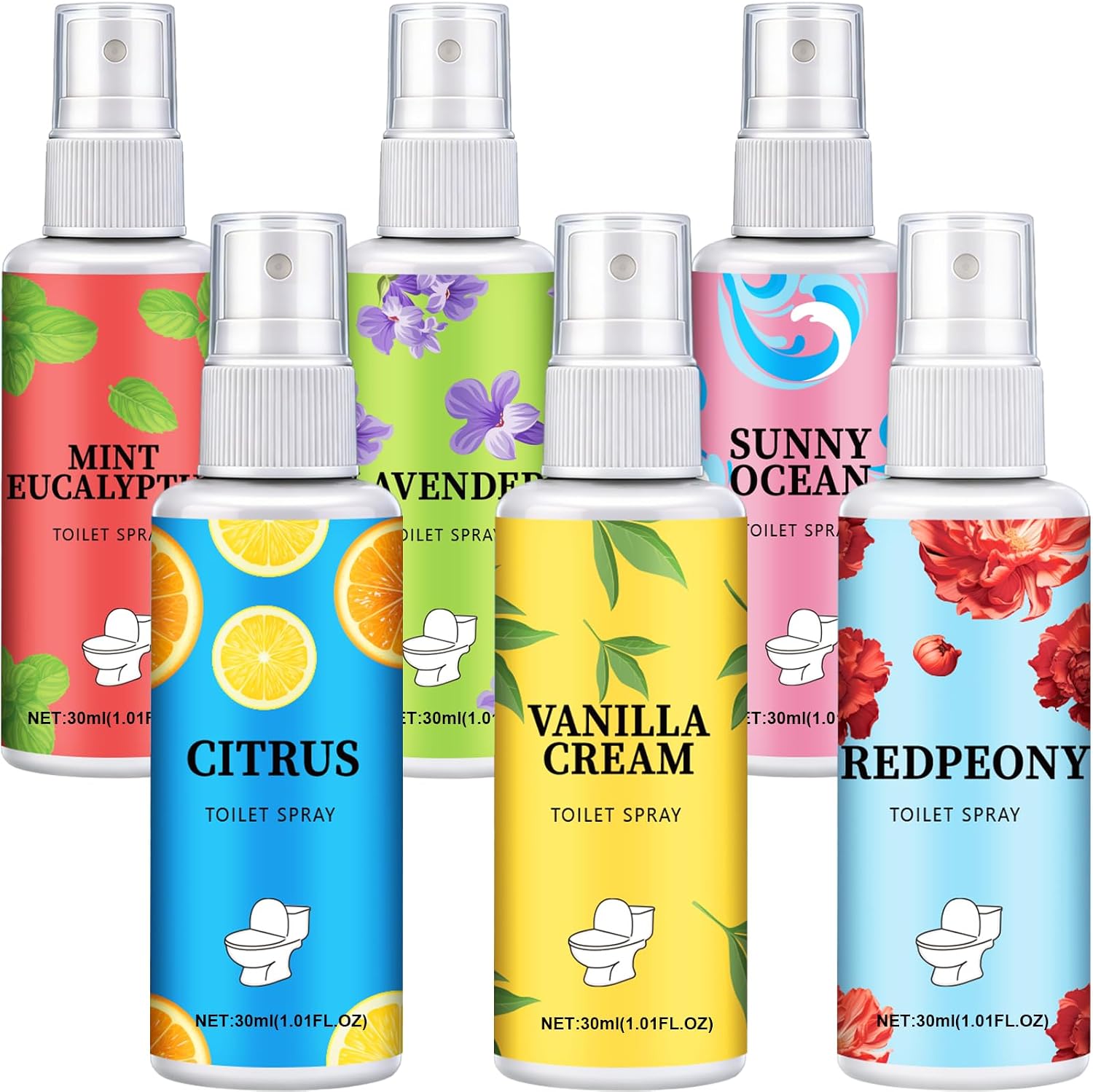 6 Pack Toilet Spray, 6-Scent Bathroom Spray, Freshener Deodorizer for Home, Bathroom Odor Eliminator with Essential Oil, Up to 400 Uses, Travel Essentials Portable Air Freshener (Each 1.01Fl Oz)