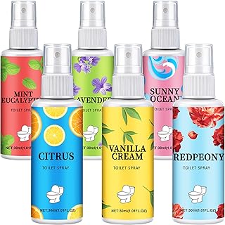 6 Pack Toilet Spray, 6-Scent Bathroom Spray, Freshener Deodorizer for Home, Bathroom Odor Eliminator with Essential Oil, Up to 400 Uses, Travel Essentials Portable Air Freshener (Each 1.01Fl Oz)