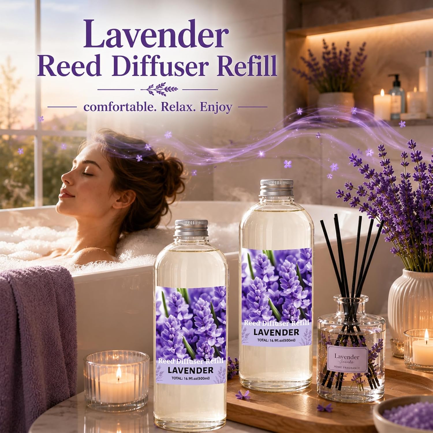 STRN Lavender Reed Diffuser Refill 1000ml Large Capacity with 12 Reed Sticks, Summer Aromatherapy for Home, Long-Lasting Fragrance for Living Room, Bedroom, Office, Bathroom