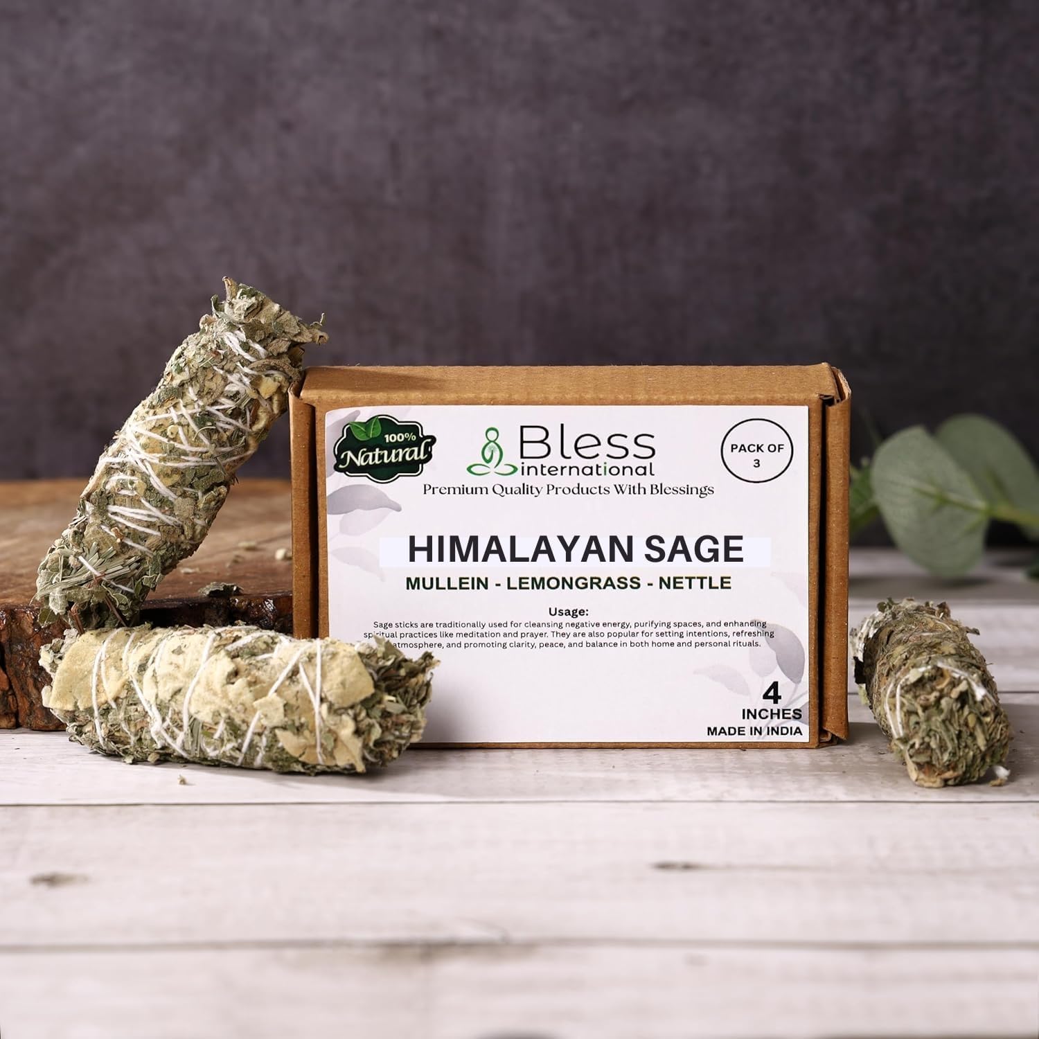Bless-International Himalayan-Sage-Mullein-Nettle-Lemongrass-Incense Premium-100%-Natural-and-Organic Handcrafted-4-Inches-Long Used-for-Home-Cleansing-Meditation-Smudging-Rituals