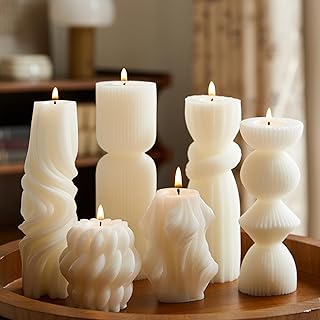 6 Pcs Small Handmade Ribbed Pillar Candle Set, Soy Wax Modern Home Decor for Living Room Bedroom, Aesthetic Table & Shelf Decor, Perfect Housewarming Gift (White, Small)