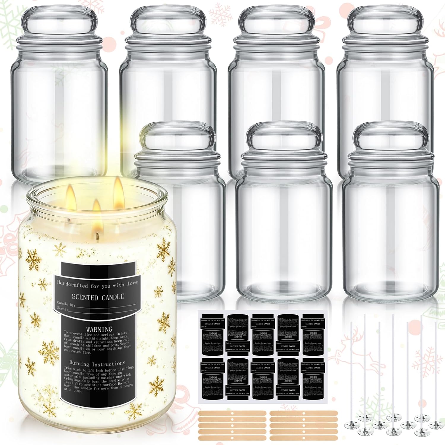 Ziliny 6 Pack 25 oz Glass Candle Jars with Airtight Lids Large Thick Clear Candle Containers with 10 Warning Labels Wooden Wick Holders