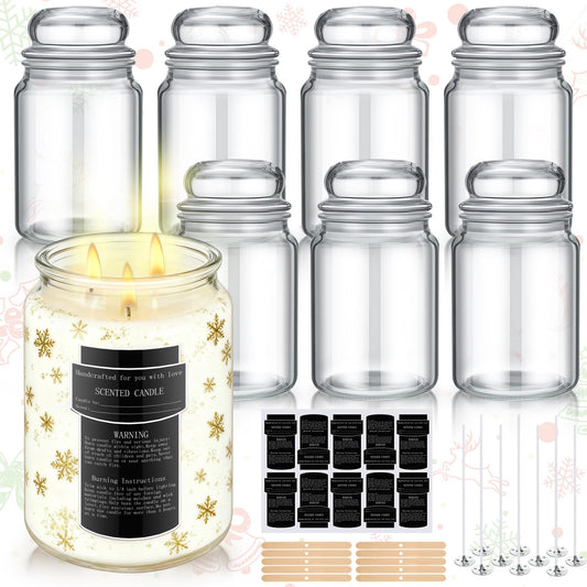 Ziliny 6 Pack 25 oz Glass Candle Jars with Airtight Lids Large Thick Clear Candle Containers with 10 Warning Labels Wooden