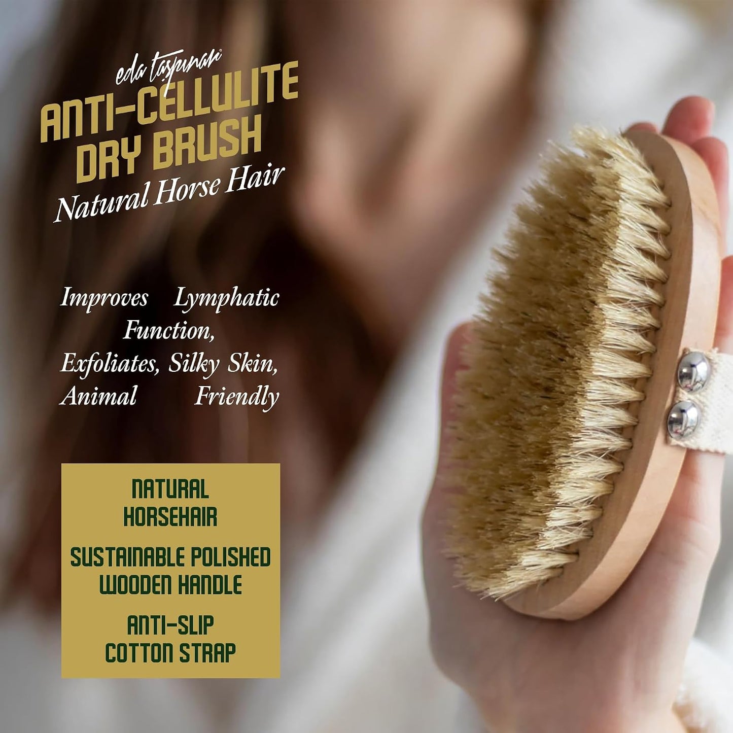 EDA Taspinar Professional Dry Brush for Body I Natural Horse Hair Bristle, Exfoliating, Lymphatic I Drainage, Cellulite, Circulation I No Shedding Spa Quality
