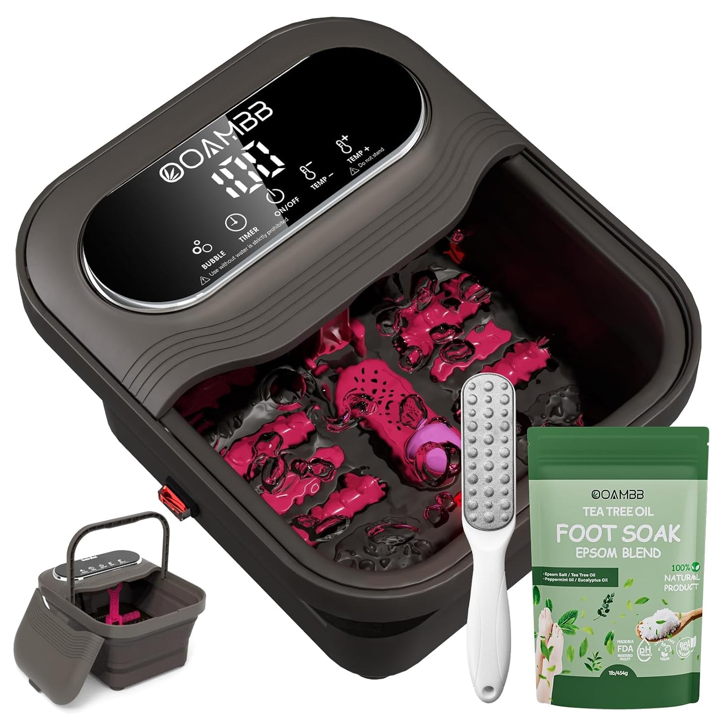 OOAMBB Collapsible Foot Spa with Heat, Bubble and Temp Control, Foot Bath Massager with XL Touch Screen and Massage Rollers, Foot Soaking Tub, Pedicure Foot spa for Stress Relief (Dark Grey +Green)