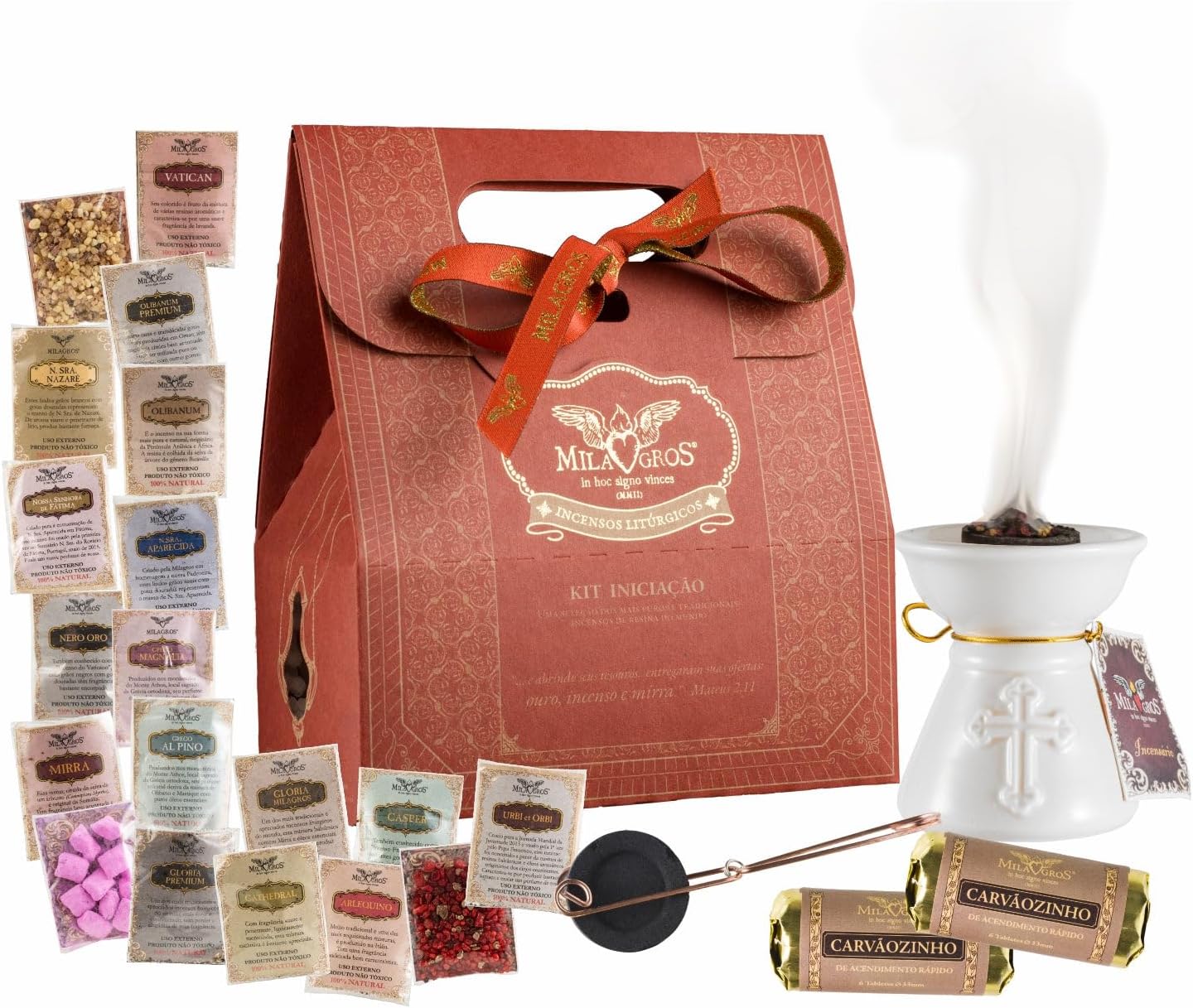 Liturgical Incense Starter Kit - 18 Varieties, Ceramic Burner, 3.2 oz (White)