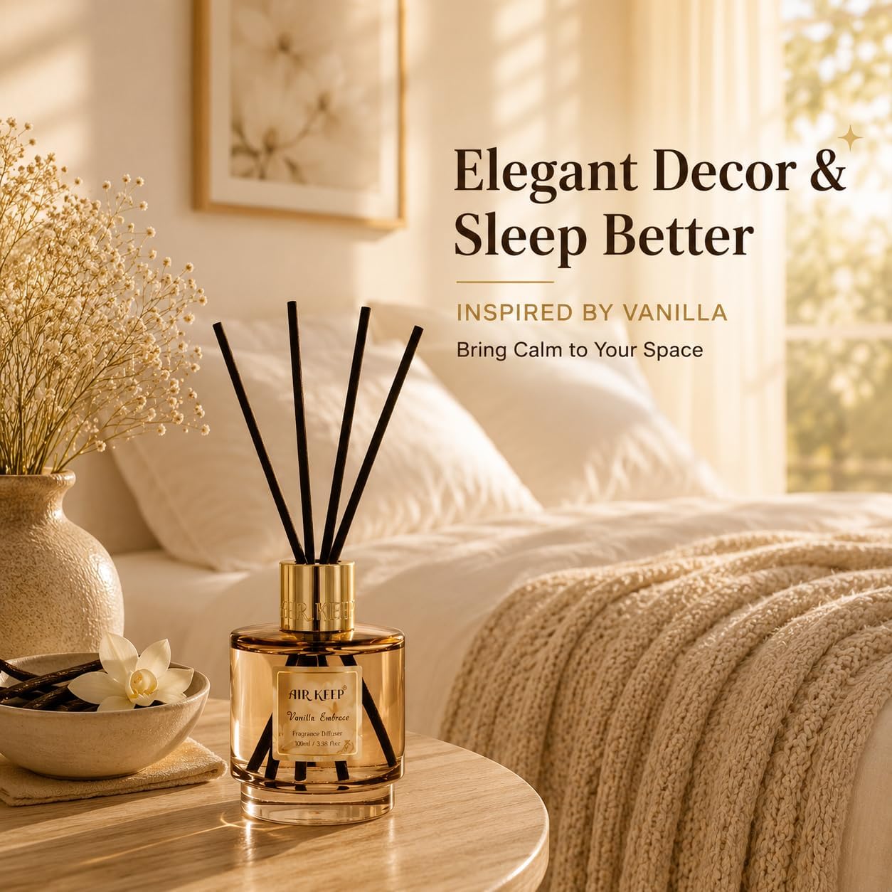 Airkeep Reed Diffuser Set with Refill & 8 Reed Sticks, 6.96 fl oz Vanilla Embrace Home Fragrance, Long Lasting Aromatherapy Diffuser for Bedroom, Bathroom & Living Room