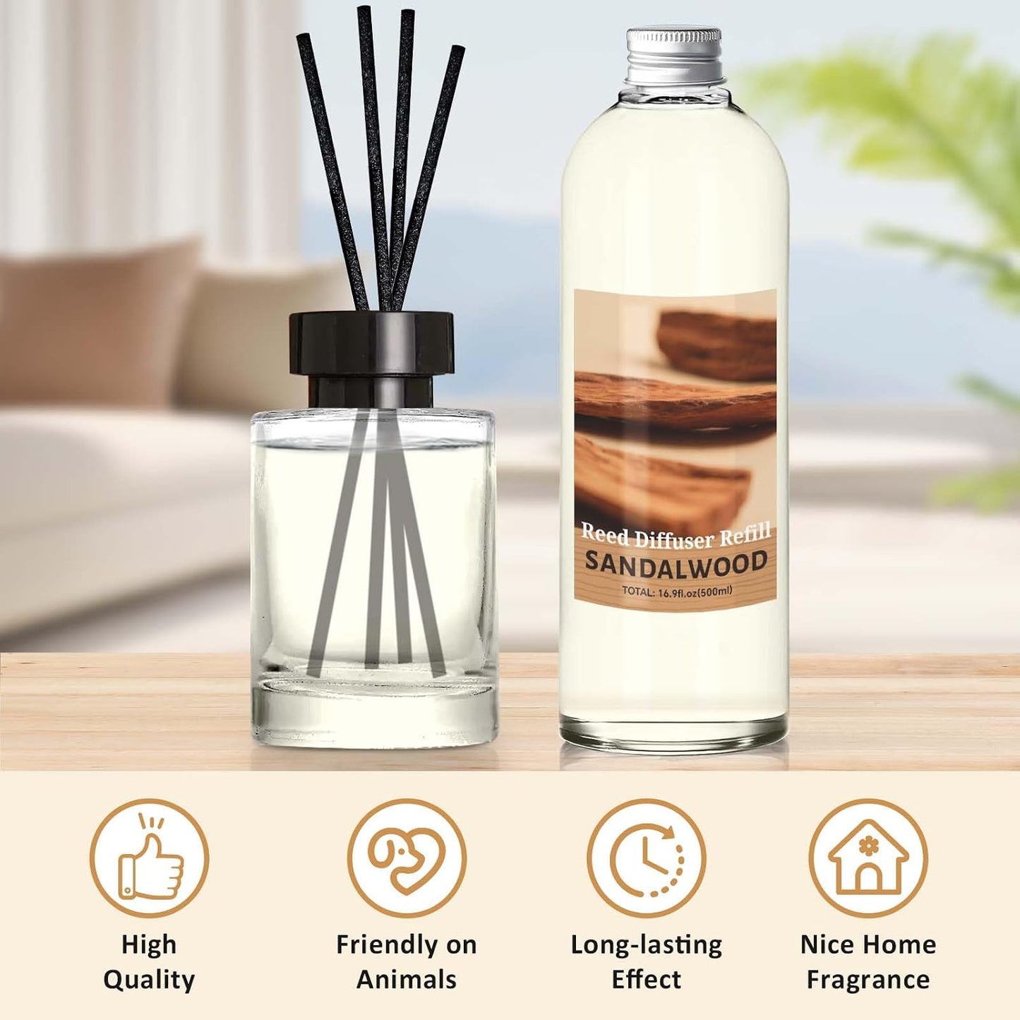 STRN Sandalwood Reed Diffuser Refill 500ml with 6 Natural Reed Sticks, Premium Aromatherapy for Home, Long-Lasting Fragrance for Living Room, Bedroom, Office | Alcohol-Free