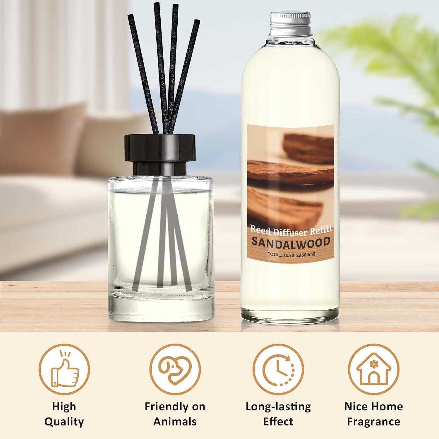STRN Sandalwood Reed Diffuser Refill 500ml with 6 Natural Reed Sticks, Premium Aromatherapy for Home, Long-Lasting Fragrance for Living Room, Bedroom, Office | Alcohol-Free