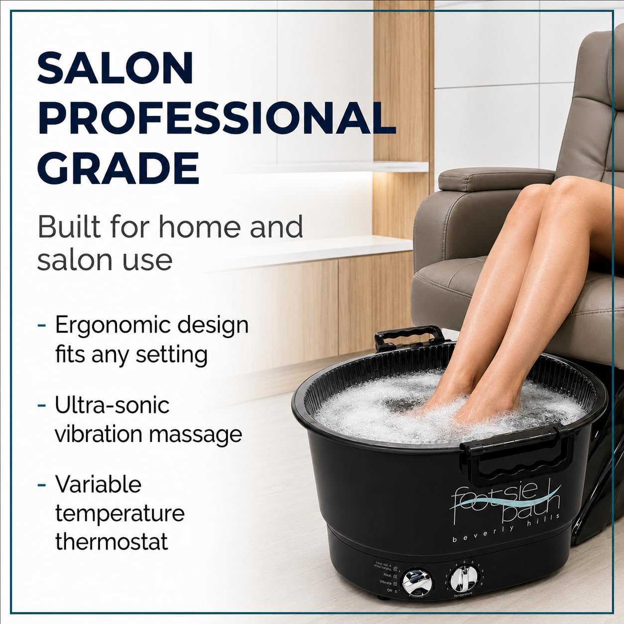 Footsie Bath™ Beverly Hills Professional Pedicure Foot Spa with Disposable Liners – Ultra-Sonic Vibration, Variable Temperature Thermostat & 30-Min Timer – 5 Liners & Carrier Basket Included