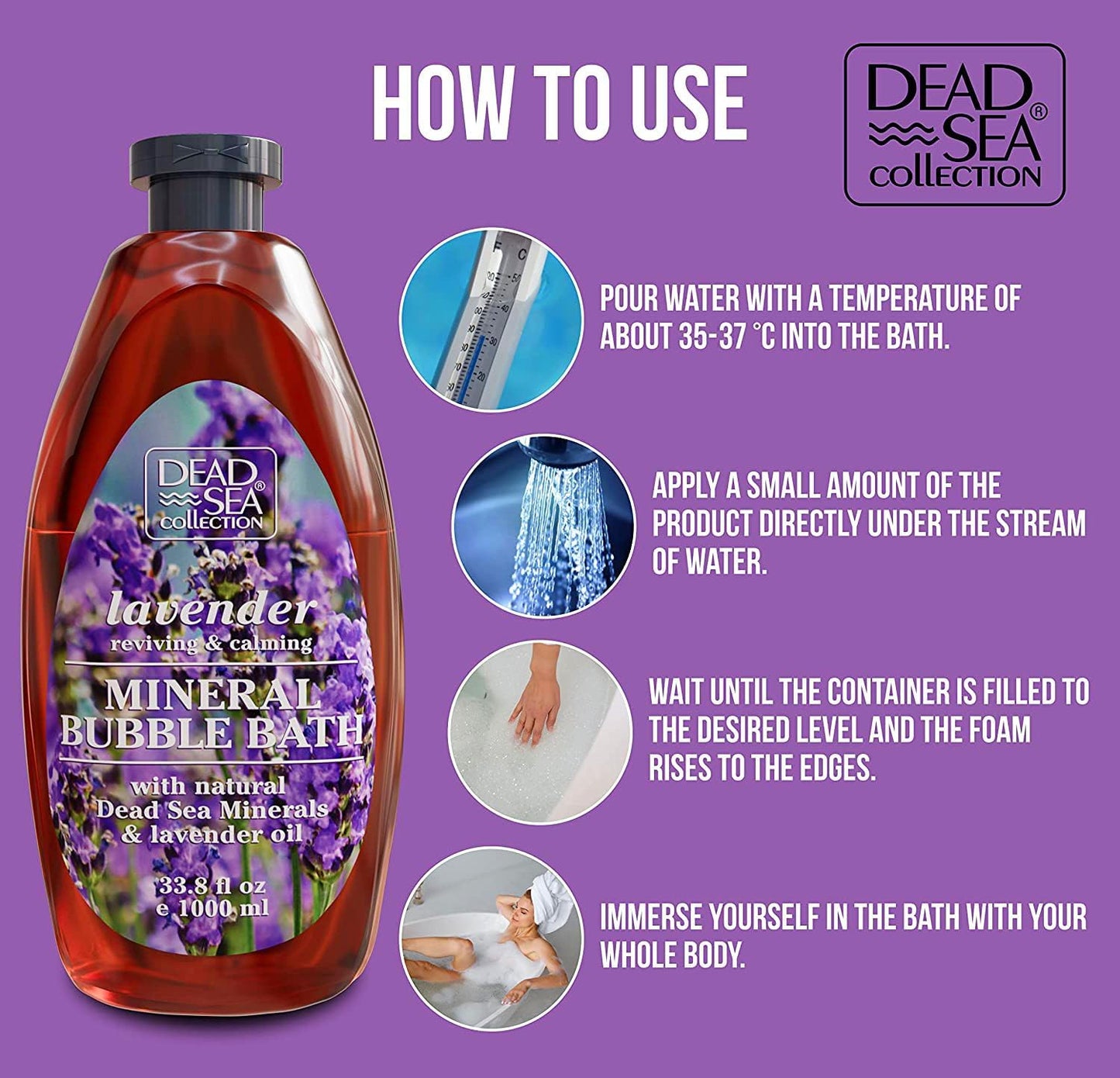 Dead Sea Collection Bubble Bath with Lavender for Women and Men - Lavender Oil and Pure Dead Sea Minerals - Nourishing and Moisturizing Skin - Pack of 2 (67.6 fl.oz)