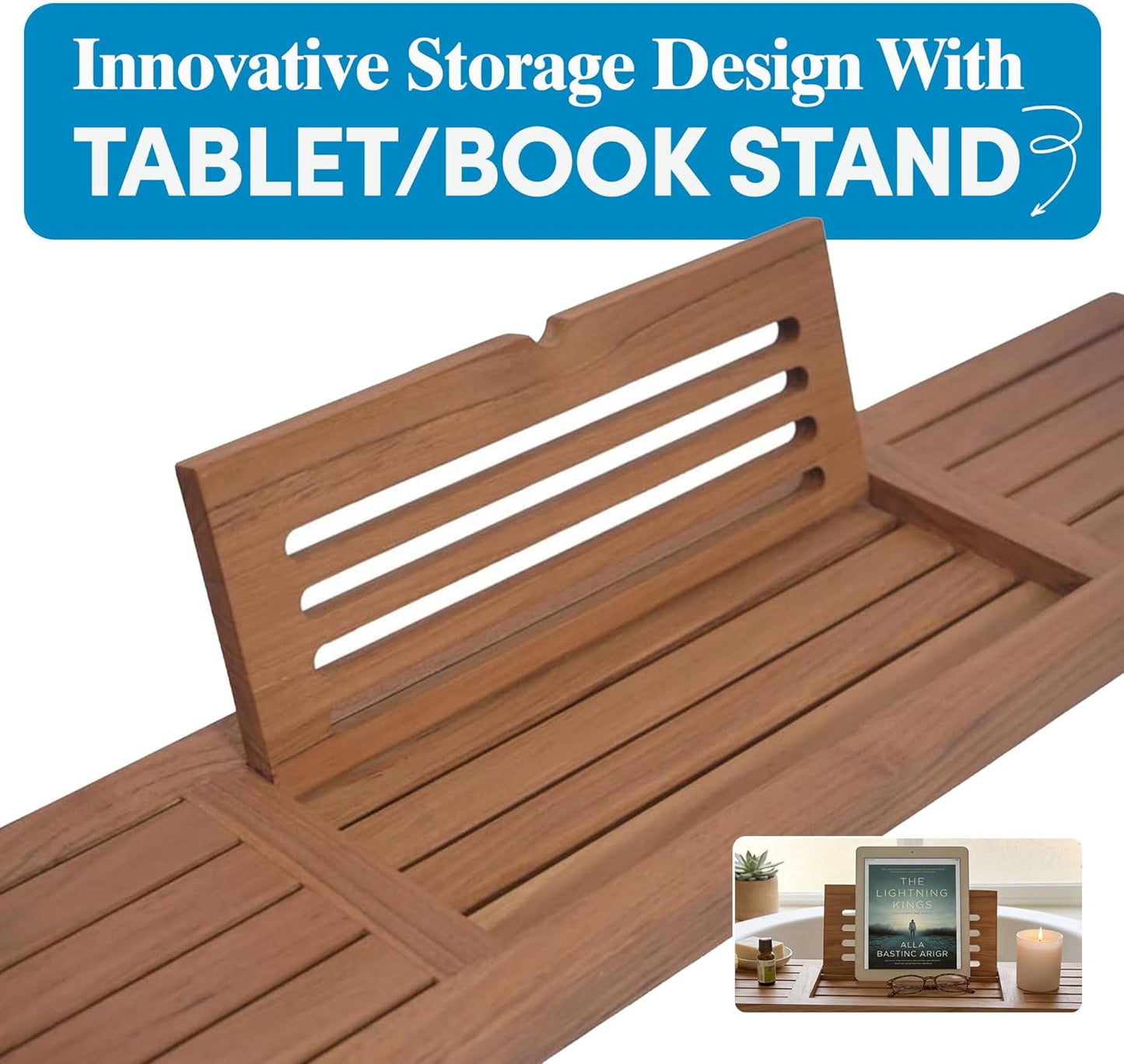 AquaTeak 30" Manada Teak Bathtub Tray Caddy - Durable, Water-Resistant Bath Tray for Tub with Foldable Book & Tablet Stand - Fits Standard Soaking Bathtubs - Bathroom Accessories for Spa