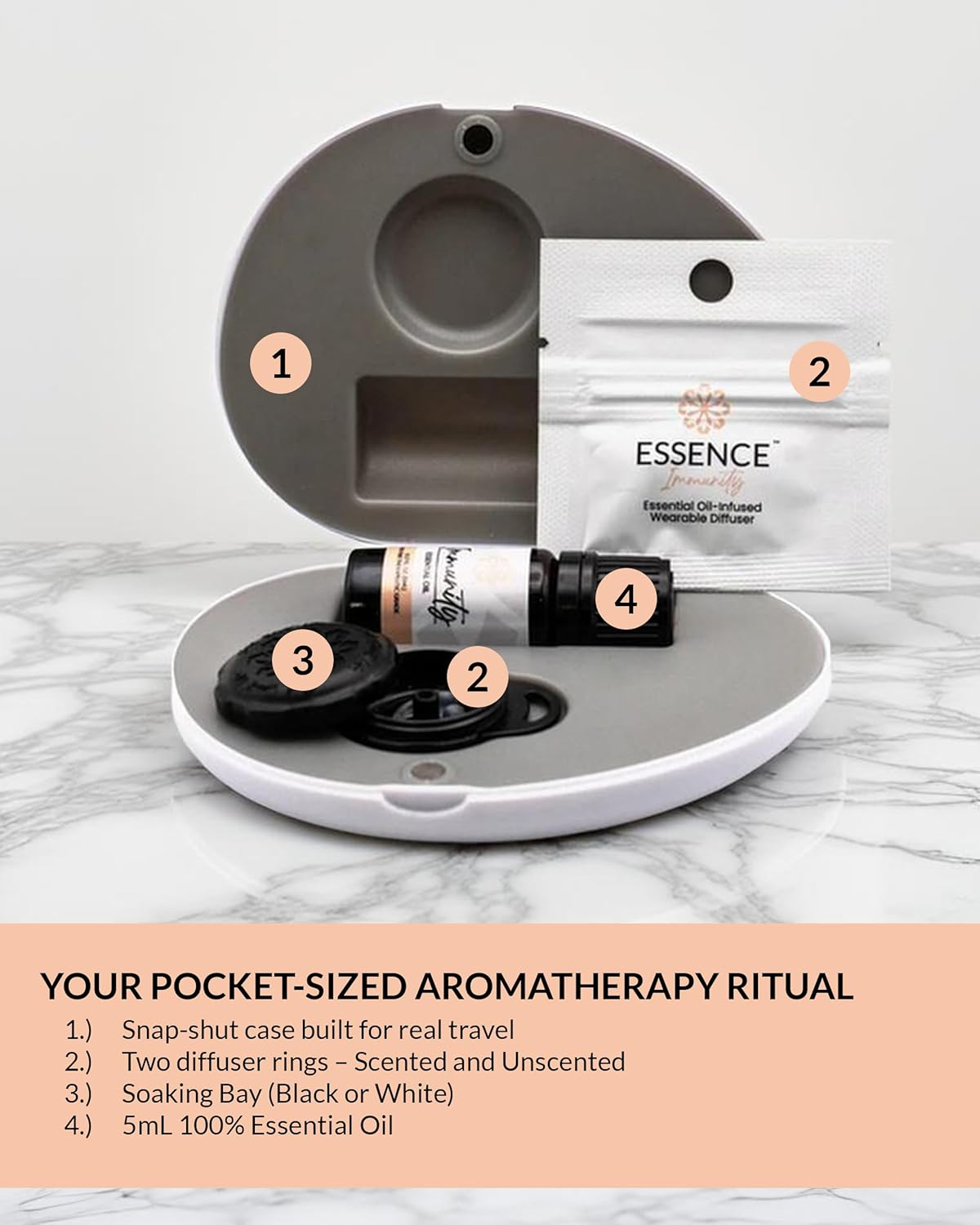 Essence Pearl Travel Case | Immunity Essential Oil | Aromatherapy Nasal Diffuser & Essential Oil Carrying Case | Eucalyptus, Lemon & Cinnamon Blend | Travel-Friendly Kit | Black Pod