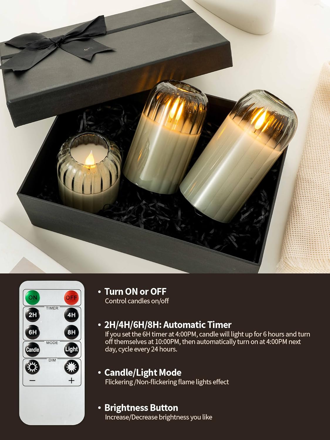 Glass Ribbed Flameless Candles - Battery Candles with Remote Timer, Green Glass LED Candles with Pumpkin Shape, Warm Light, Lasting 350 Hrs and Brightness Adjustment, Φ 3" H 4" 5" 6", Set of 3