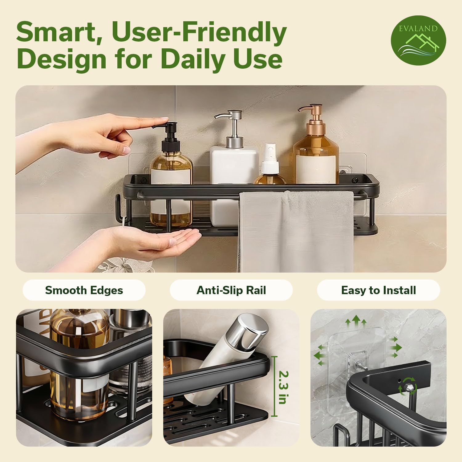 EVALAND Shower Caddy Adhesive 2-Pack with Hooks and Rod for Towels, Black – Premium Bathroom Shower Shelves, Shampoo Organizer, Bathtub Shelf, Rustproof, Easy Installation, Sturdy Modern Look