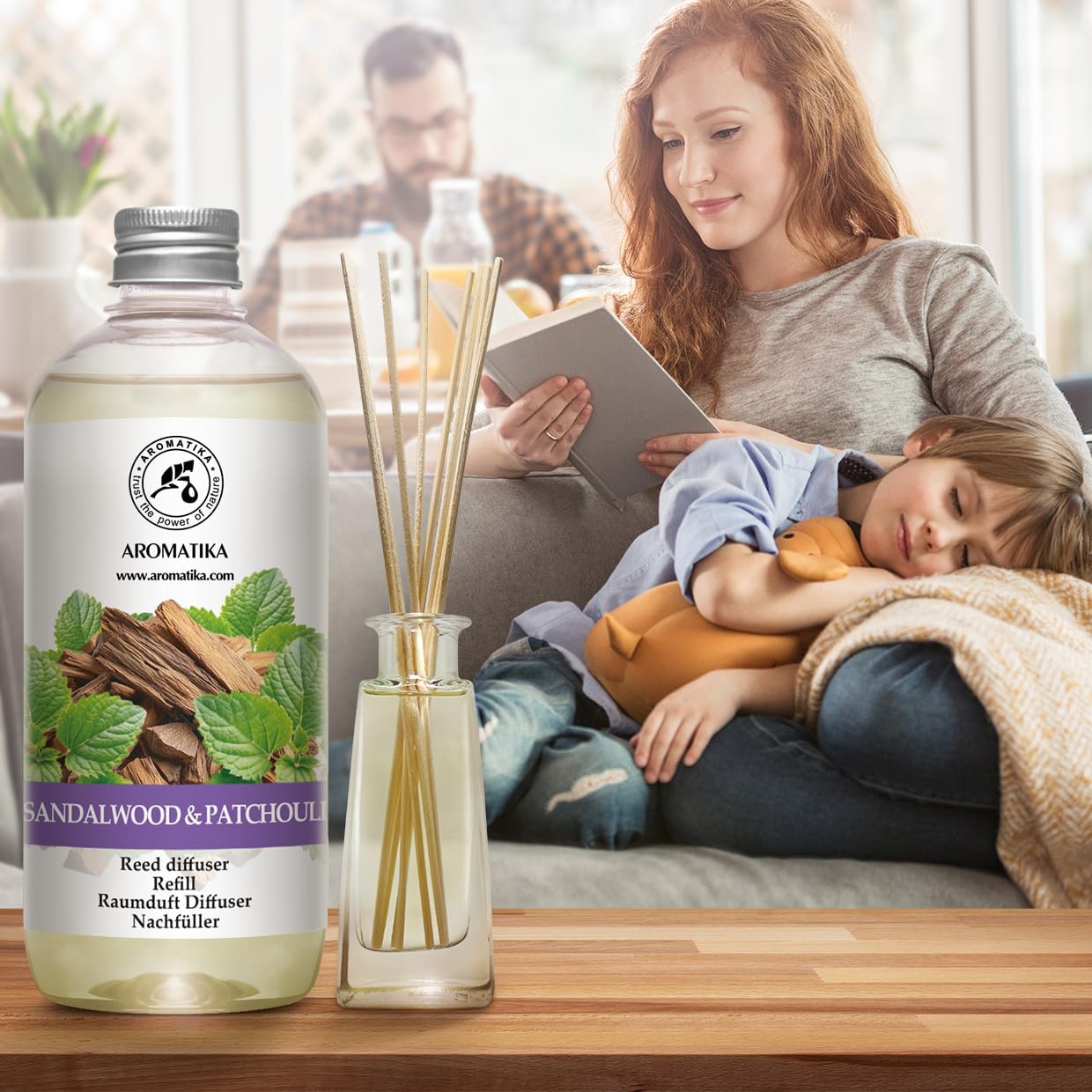 Reed Diffuser Refill Sandalwood - Patchouli 17 Fl Oz - Scented Diffuser Refill with Patchouli Essential Oil - Home Fragrance - Sandal Aroma - Air Freshener - Aromatherapy - Spa - Home - Office