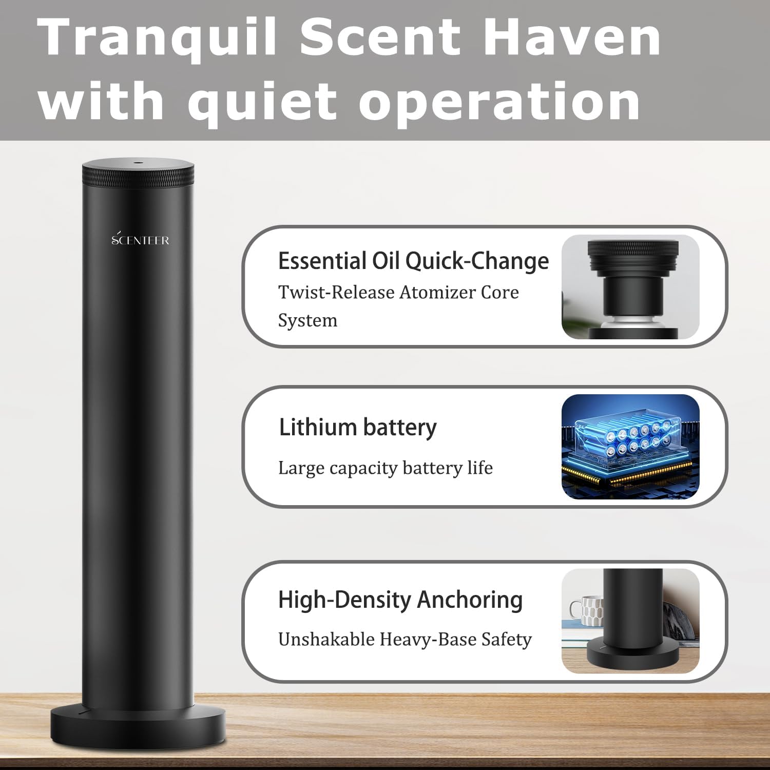 Wireless Hotel Scent Diffuser-Cordless Rechargeable Diffuser for Whole House- Scent Air Machine for Home -App Bluetooth Control - Waterless Essential Oil Diffuser for Large Room, Studio Office -Black