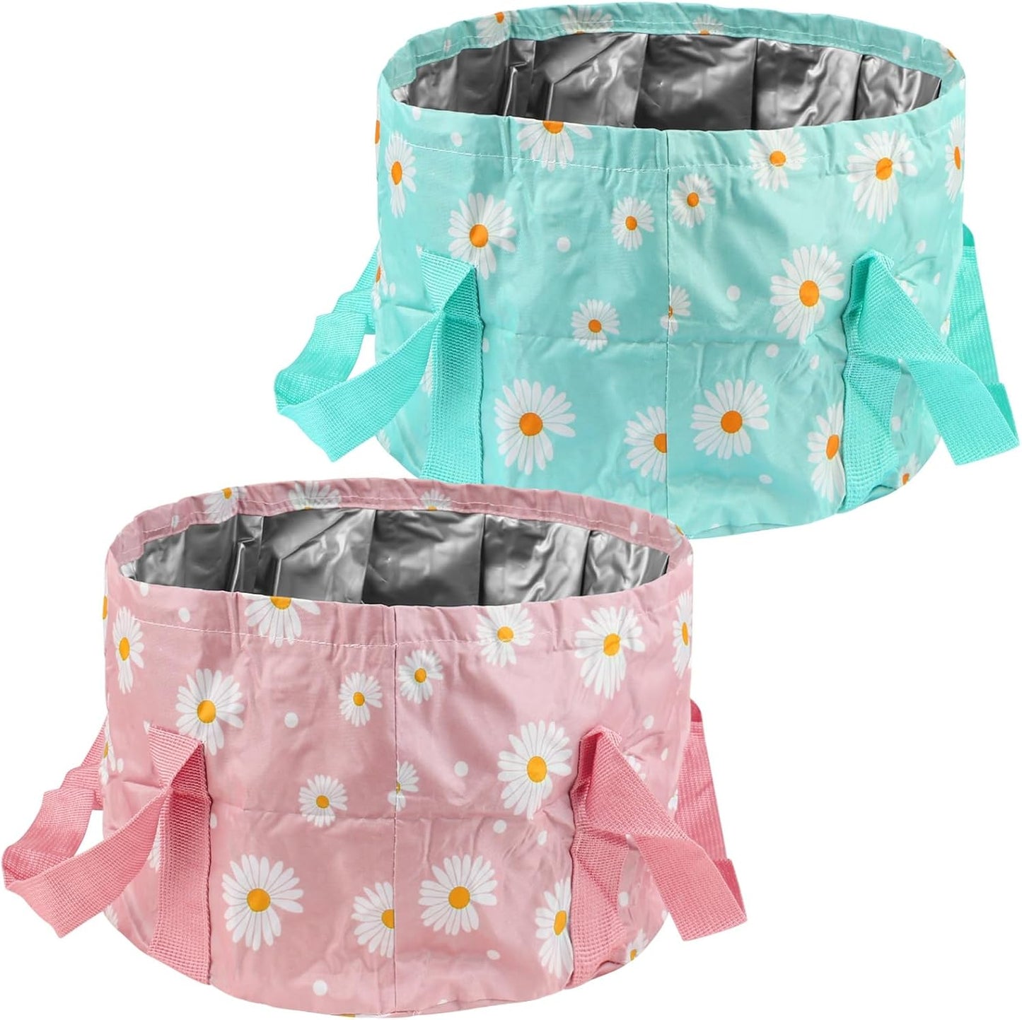 Daisies Print Collapsible Foot Bath Basin,Portable Foot Spa Soaking Bath Basin Feet Home Collapsible Bucket for Camping Washing Fishing, Pack of 2