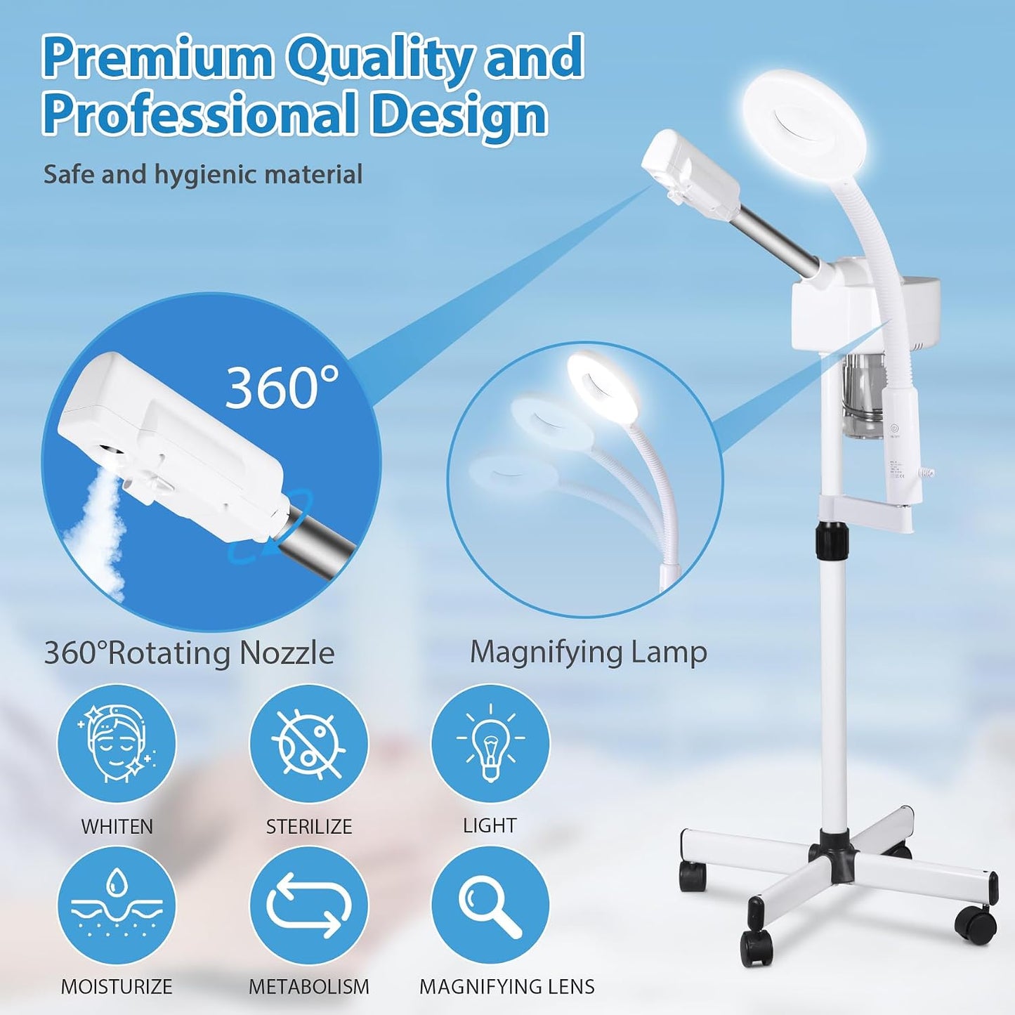 2 in 1 Facial Steamer Professional Nano Ionic Face Deep Cleansing Hydration with 5X Magnifying LED Lamp & Rolling Wheels, High Frequency, Portable Home Spa Salon Beauty Skin Care Equipment