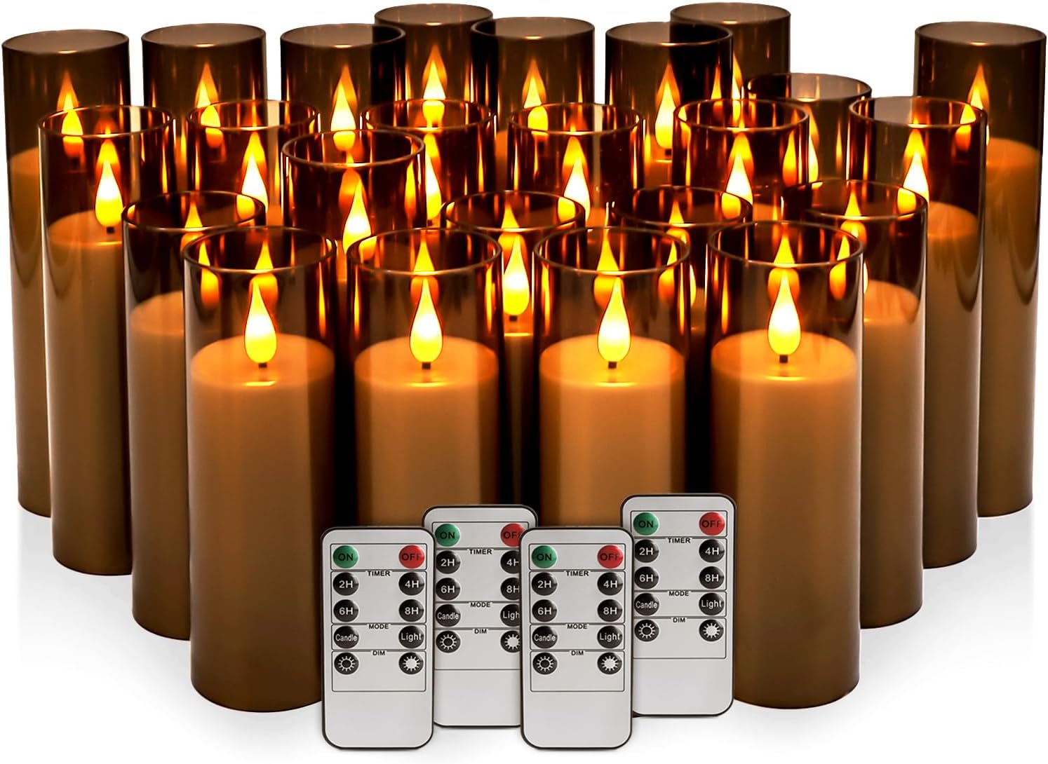 24 Pack LED Gray Flameless Candles with Remote, 3D Flickering Battery Operated Candles in Glass Holders, Safe for Weddings, Parties, Home and Outdoor Decor.