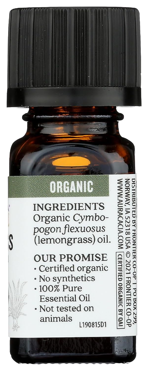 Aura Cacia Organic Lemongrass Essential Oil, GC/MS Tested for Purity, 7.4ml, 0.25 Fl Oz
