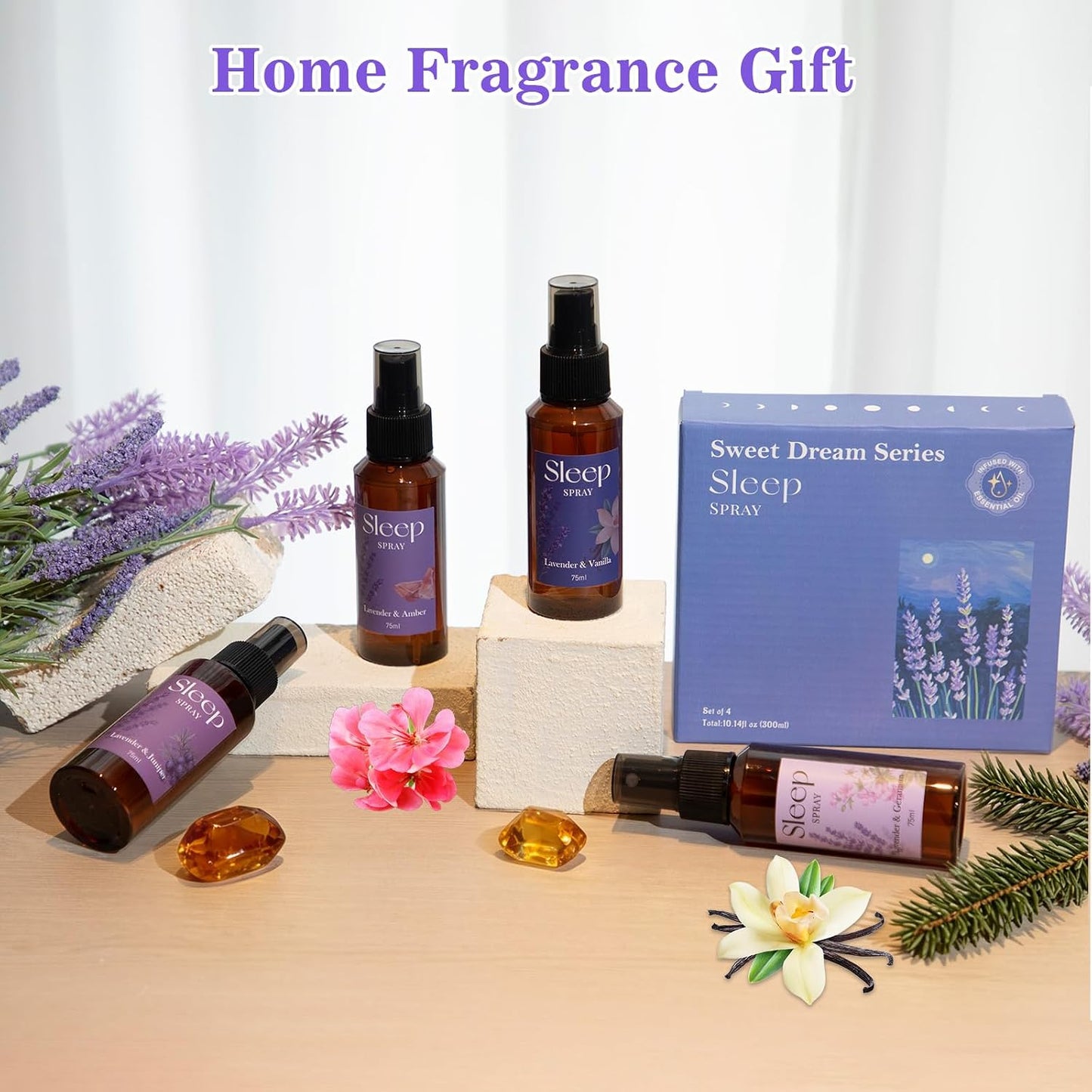 STRN Room Spray with Lavender Essential Oil for Sleep, Sleep Spray, Pillow Spray, 4 Scents - Lavender & Geranium, Juniper, Vanilla, Amber, Sweet Dream Fragrance Mist, 75 ML x 4 Bottles