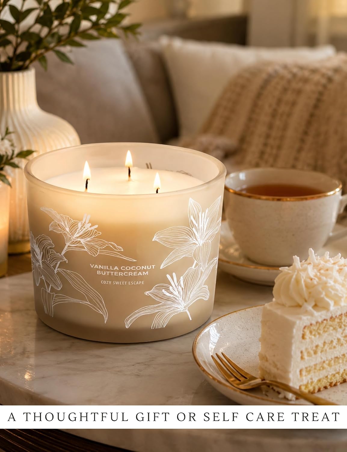Vanilla Coconut Buttercream Candle | Large 3 Wick Scented Soy Candle for Home | 14.5oz Vanilla Coconut Aromatherapy Candle | Vanilla Cupcake Candle | Long Lasting Clean Burn | Gift for Women & Men