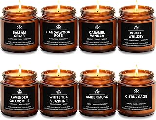 8 Pack Soy Wax Scented Candles Gift Set, Aromatherapy Candles with Lavender Chamomile, Citrus Sage, Caramel Vanilla, Coffee Whiskey, Long Lasting Stress Relief Candle, Unisex Home & Gift Set for Men