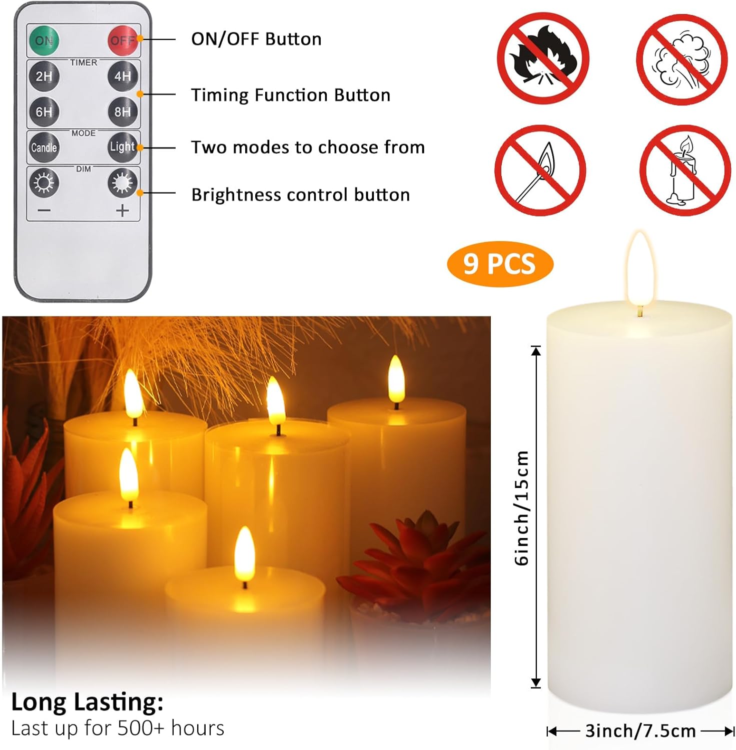 Oleitodh 9 Pcs White Flameless Candles Flat Top LED Candles with Remote Timer, Pillar Flameless Candle Bulk Flickering Battery Operated Candle for Wedding Festival Outdoor Home Decor D 3'' H 6''