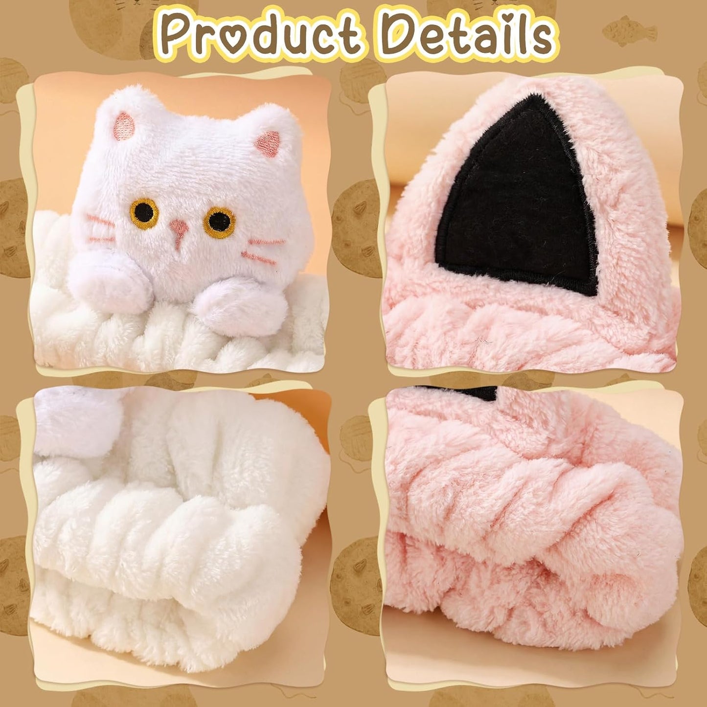 6 Pcs Cat Ear Headbands for Washing Face, Soft Cute Coral Fleece Spa Headbands for Women Girls Skincare Makeup Shower Yoga Trendy Stuff Cat Accessories Gift
